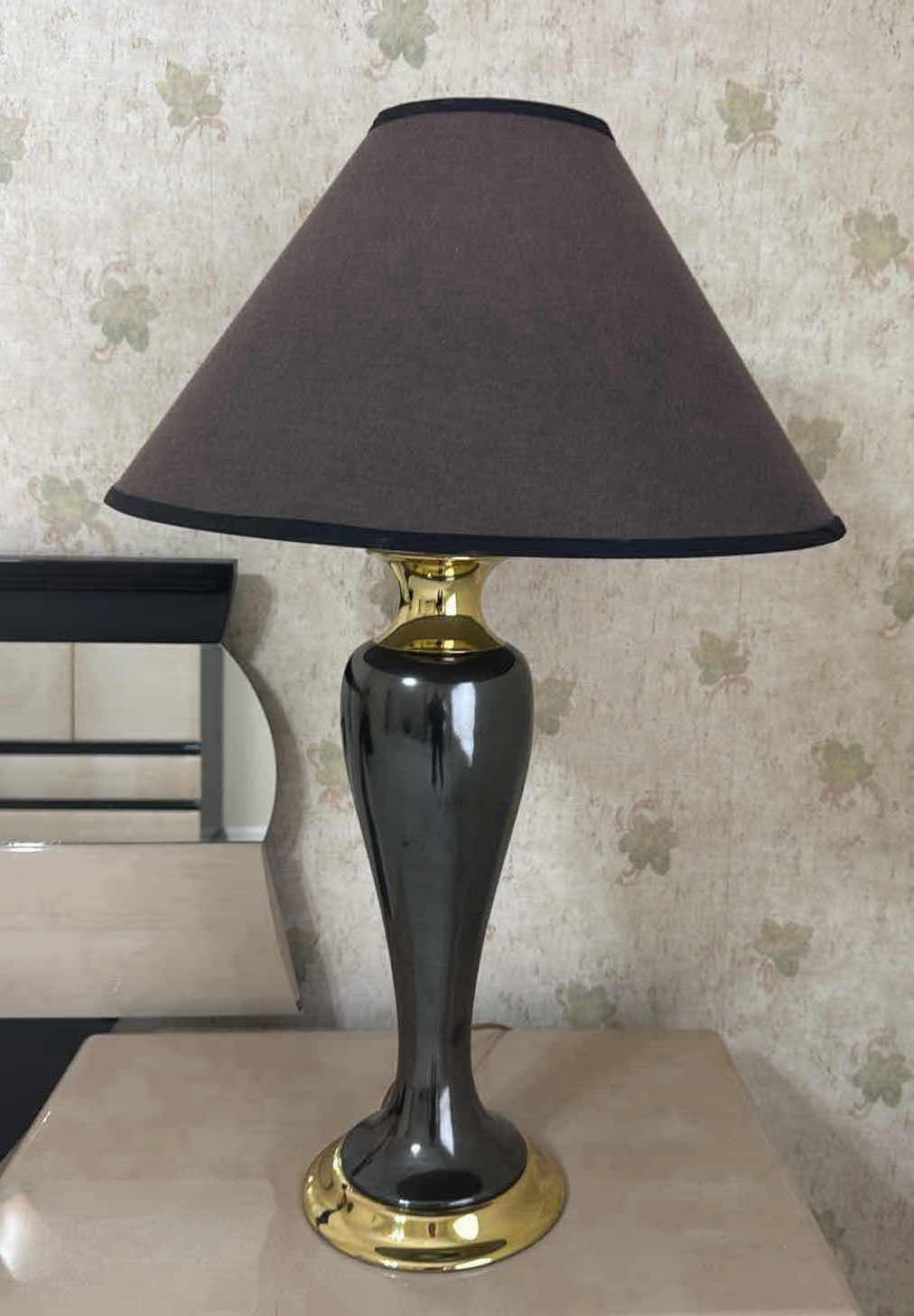 Photo 2 of GREY GLASS BASE TABLE LAMP W GOLD ACCENTS H33”