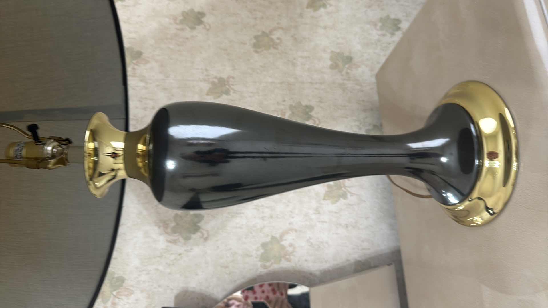 Photo 1 of GREY GLASS BASE TABLE LAMP W GOLD ACCENTS H33”