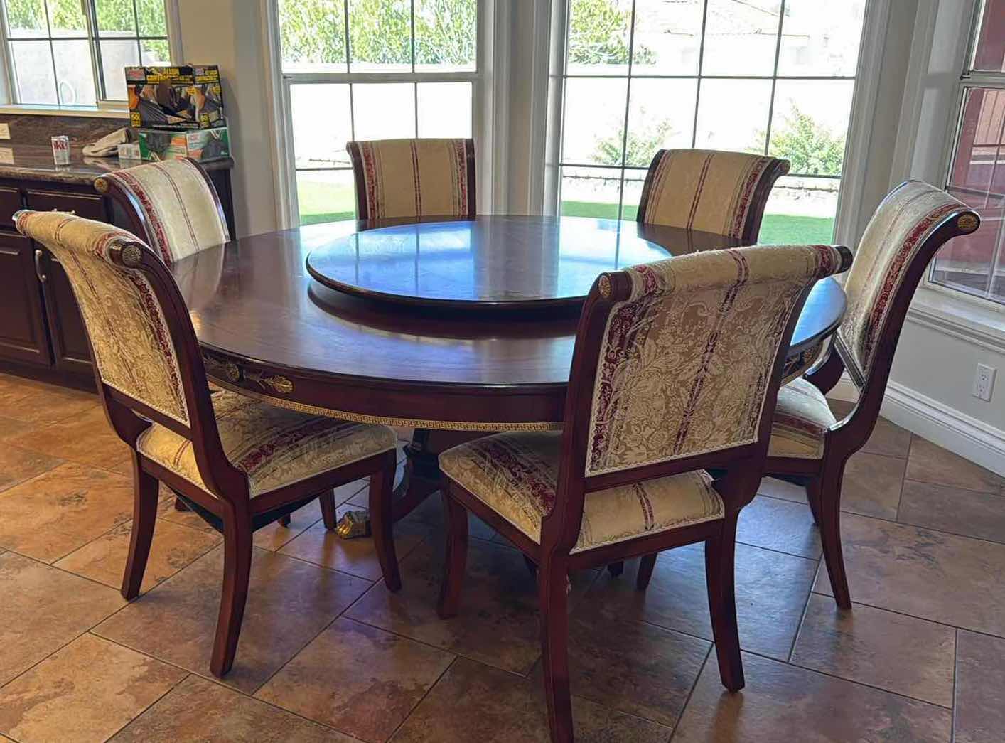 Photo 1 of 70” ROUND VERSACE-STYLE SOLID WOOD TABLE W GOLD TRIMMING & LAZY SUSAN CENTER H30” (CHAIRS SOLD SEPARATELY)