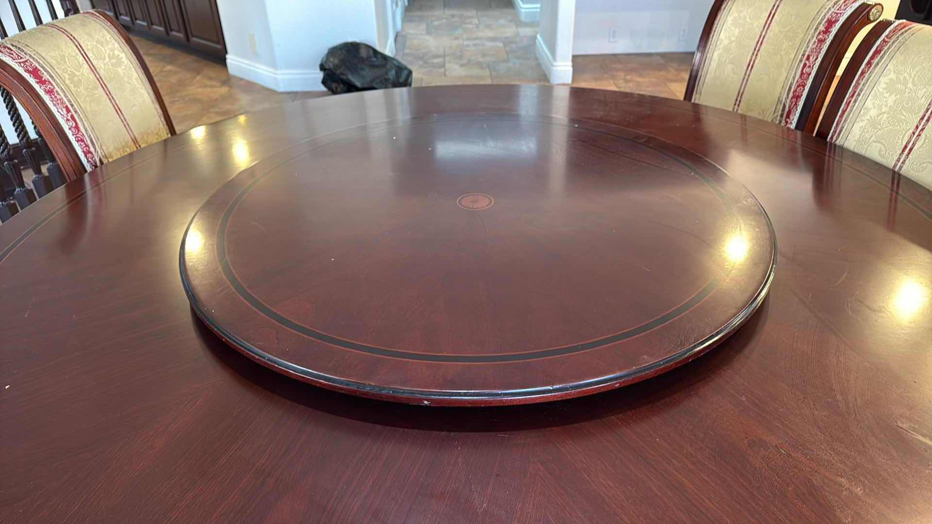Photo 1 of 70” ROUND VERSACE-STYLE SOLID WOOD TABLE W GOLD TRIMMING & LAZY SUSAN CENTER H30” (CHAIRS SOLD SEPARATELY)