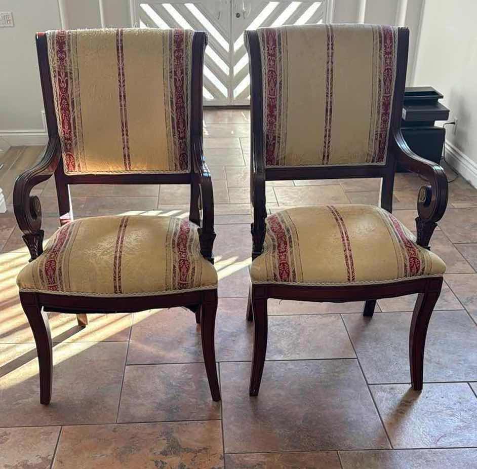 Photo 1 of 2-VERSACE-STYLE SOLID WOOD ARM CHAIRS W STRIPED UPHOLSTERED SEATS & BACKS