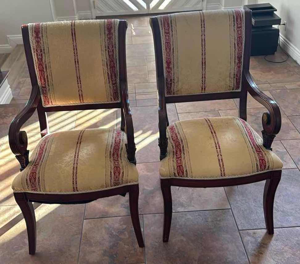 Photo 1 of 2-VERSACE-STYLE SOLID WOOD ARM CHAIRS W STRIPED UPHOLSTERED SEATS & BACKS
