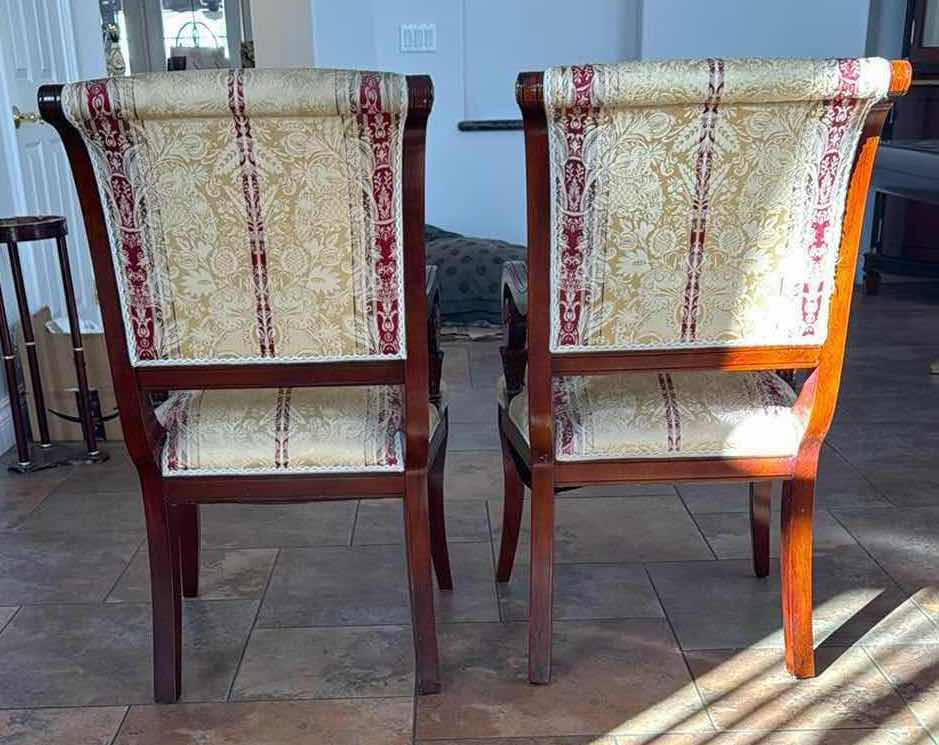 Photo 1 of 2-VERSACE-STYLE SOLID WOOD ARM CHAIRS W STRIPED UPHOLSTERED SEATS & BACKS