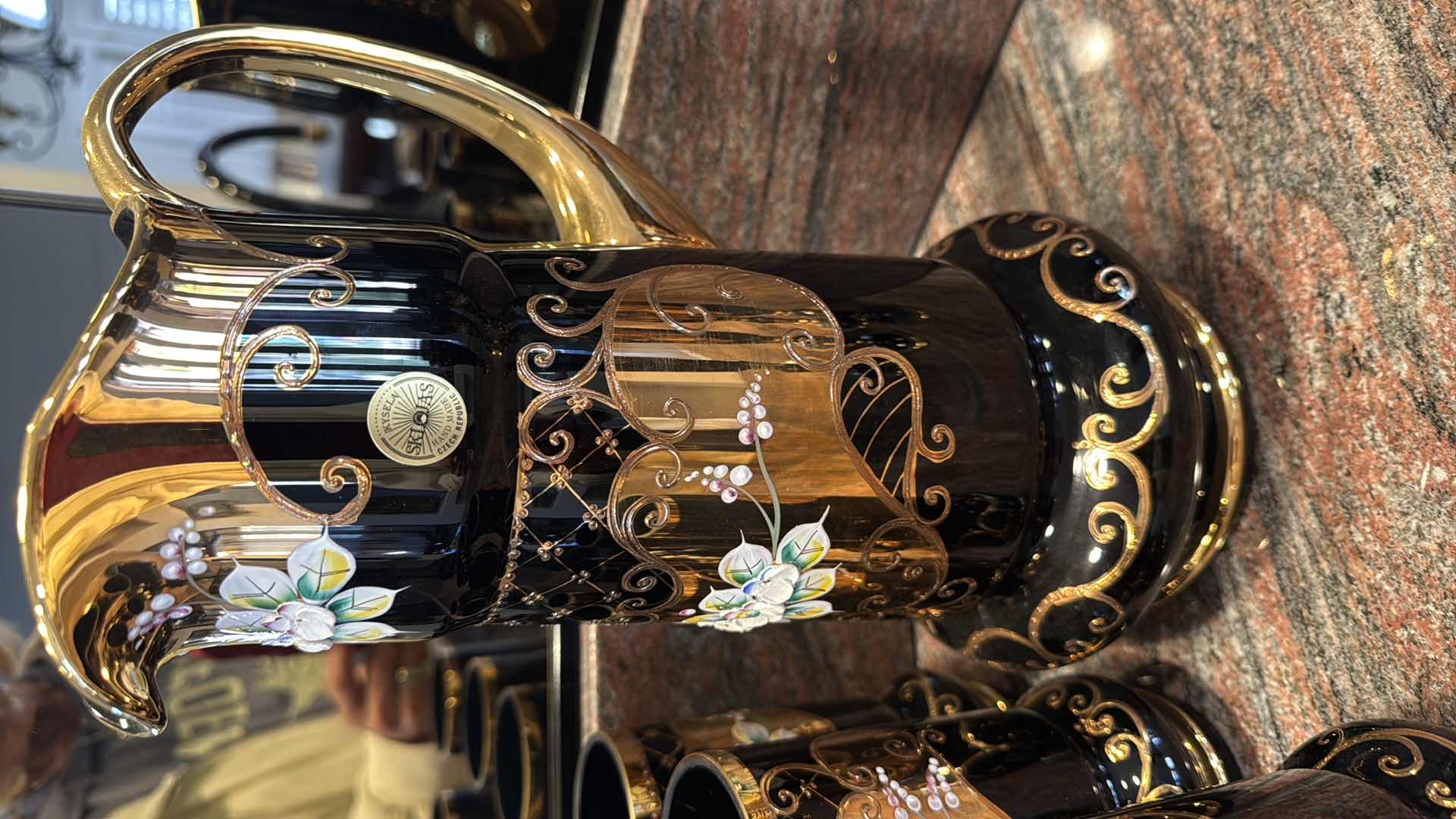 Photo 1 of HANDMADE KYSELIA BOHEMIAN CZECH REPUBLIC COBALT BLUE W GOLD ACCENT PITCHER & 6 DRINKING GLASSES