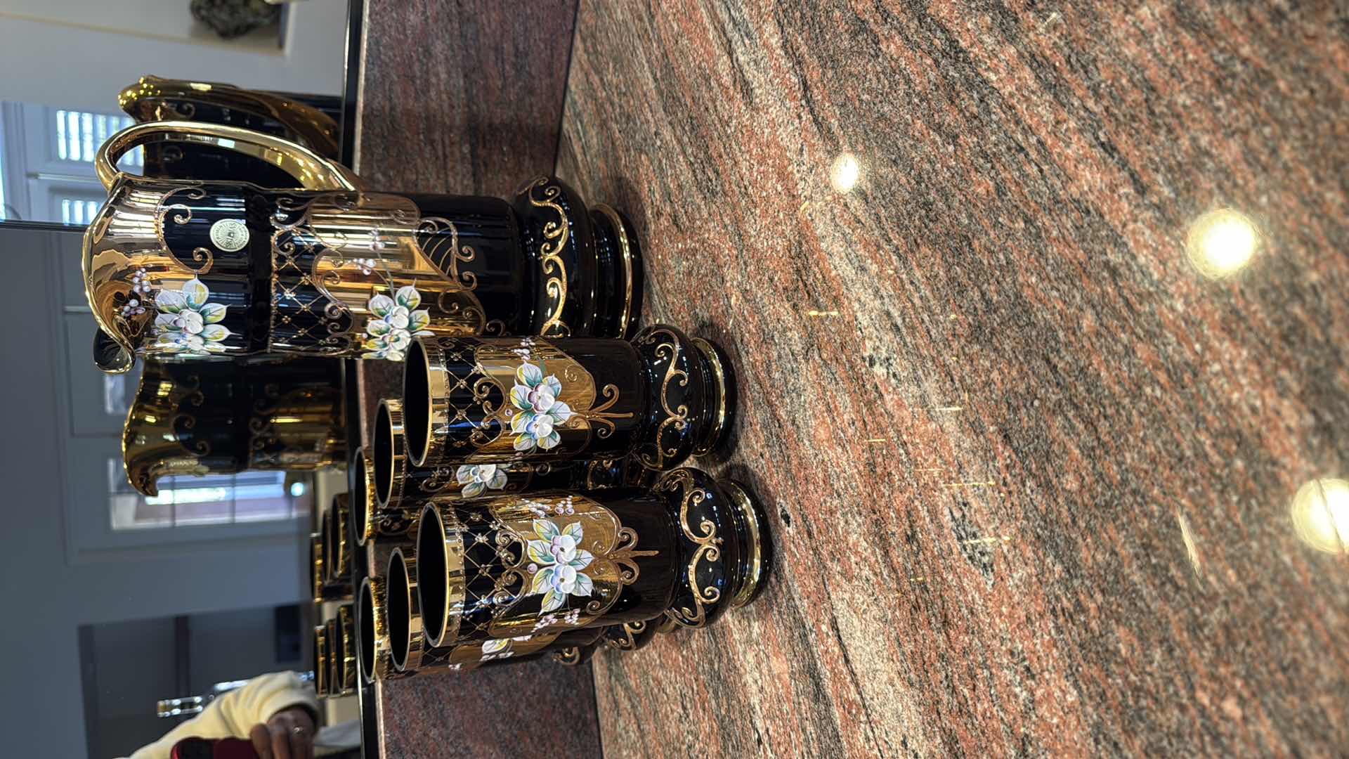 Photo 1 of HANDMADE KYSELIA BOHEMIAN CZECH REPUBLIC COBALT BLUE W GOLD ACCENT PITCHER & 6 DRINKING GLASSES