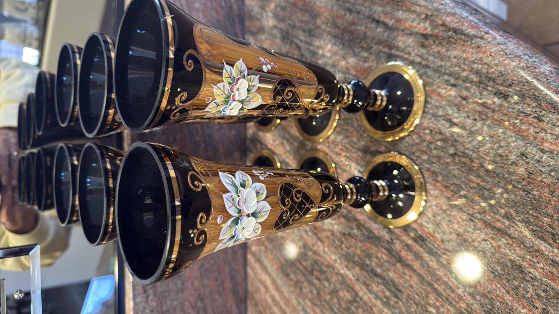 Photo 1 of 6-HANDMADE BOHEMIAN CZECH CRYSTAL COBALT BLUE W GOLD CHAMPAGNE FLUTES