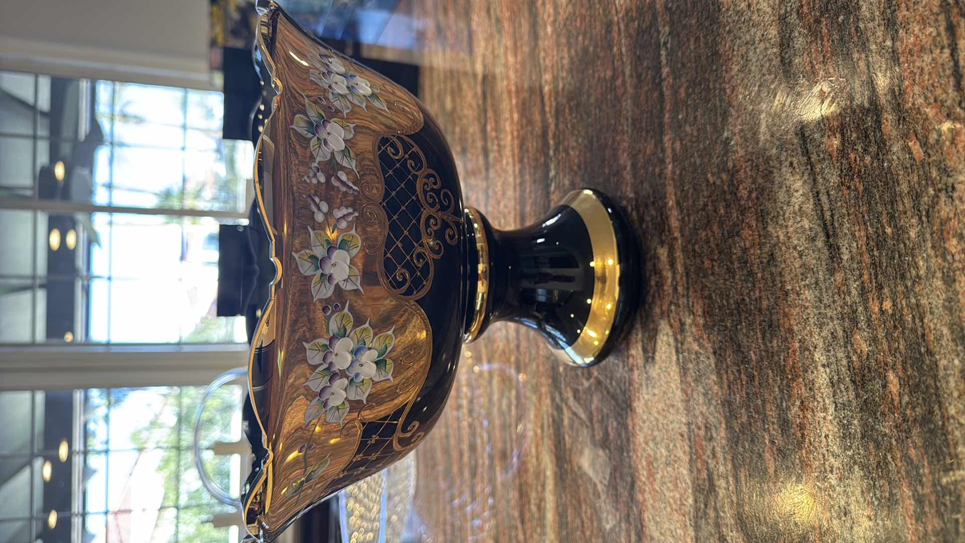 Photo 1 of HAND MADE BOHEMIAN CRYSTAL COBALT BLUE W GOLD SCALLOPED FOOTED BOWL