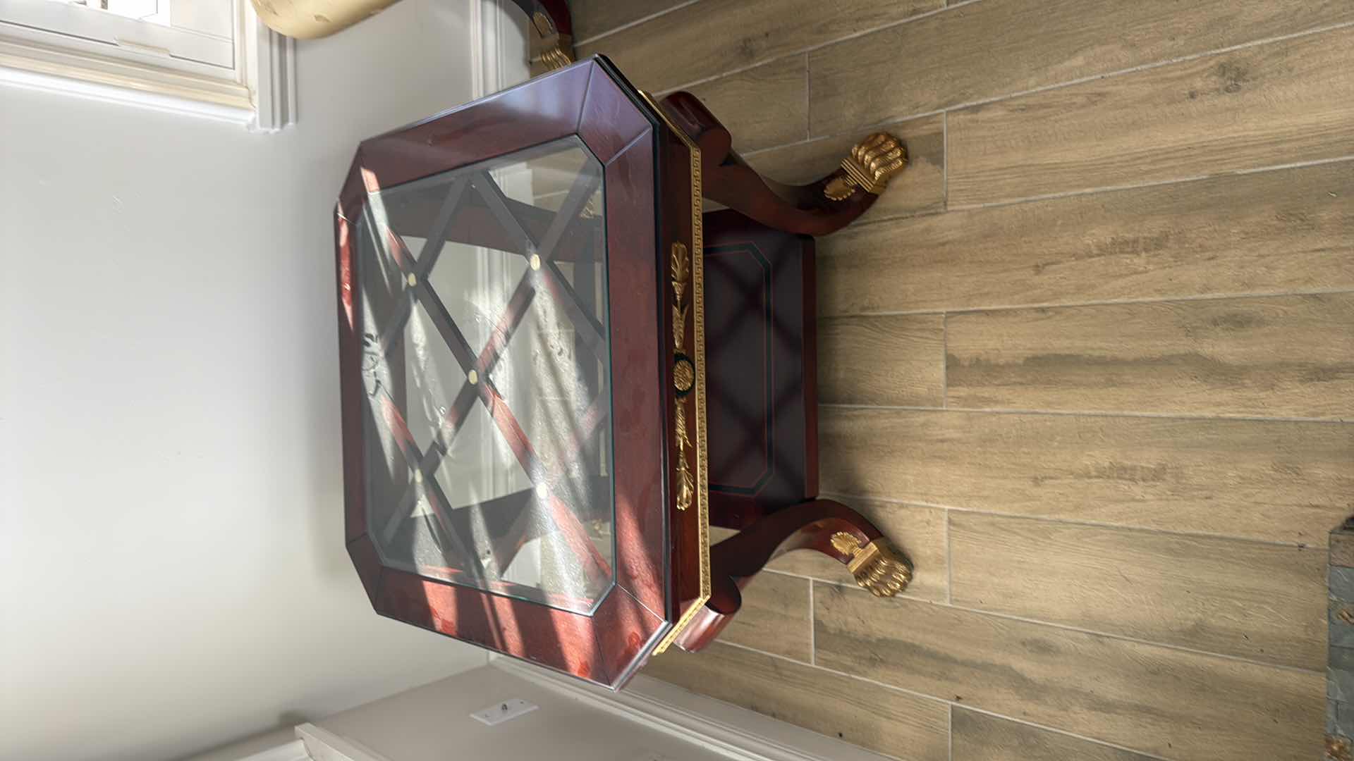 Photo 1 of VERSACE-STYLE SOLID WOOD SIDE TABLE W GOLD TRIMMING   31”x30” H23