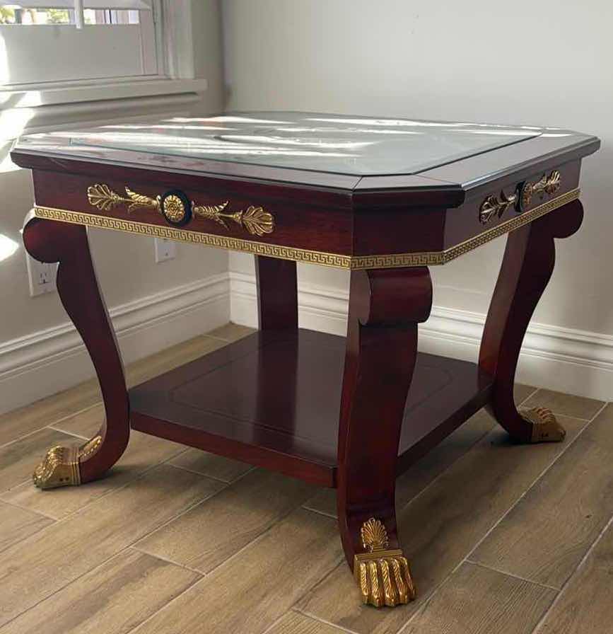 Photo 1 of VERSACE-STYLE SOLID WOOD SIDE TABLE W GOLD TRIMMING   31”x30” H23