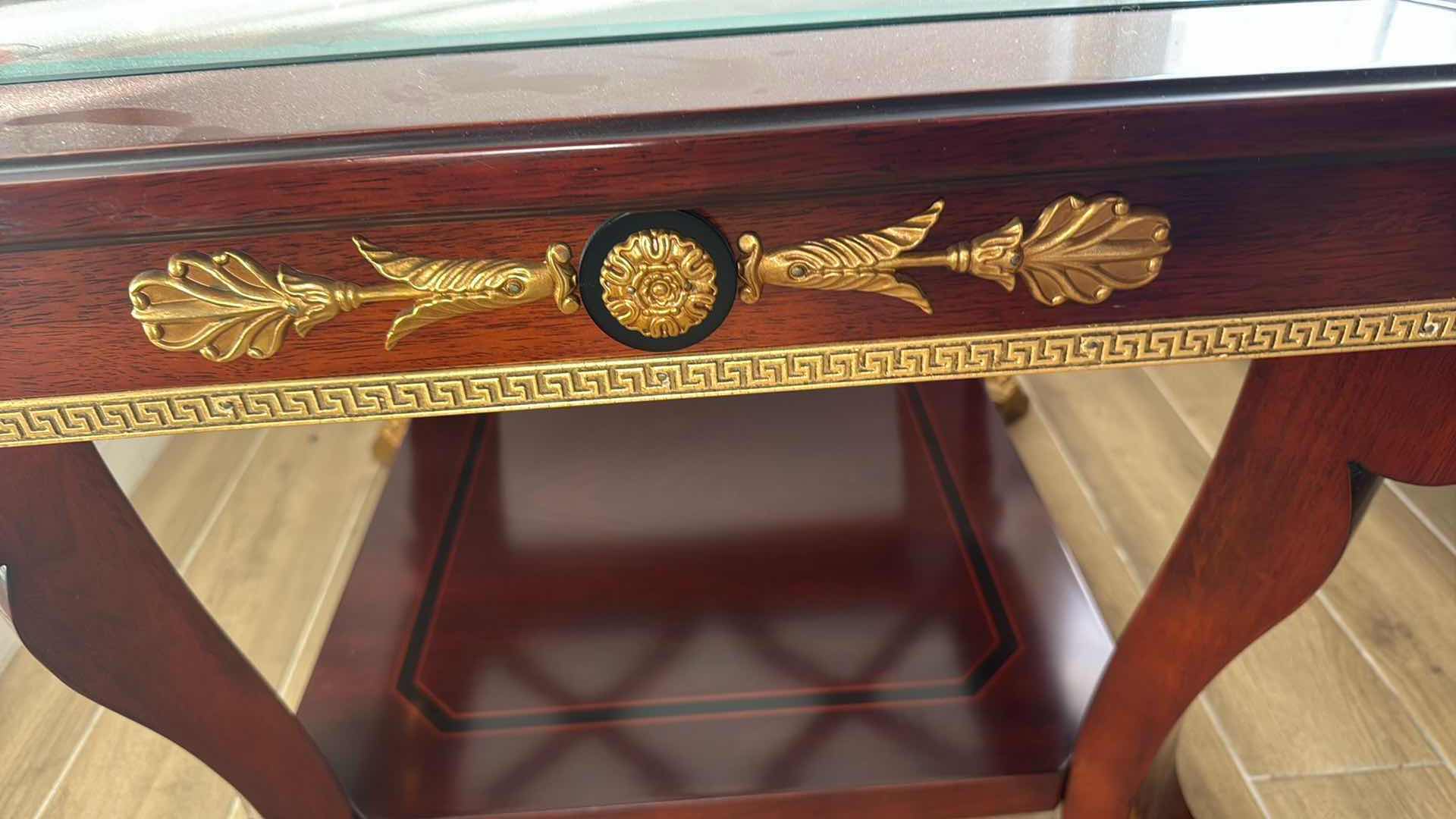 Photo 1 of VERSACE-STYLE SOLID WOOD SIDE TABLE W GOLD TRIMMING   31”x30” H23