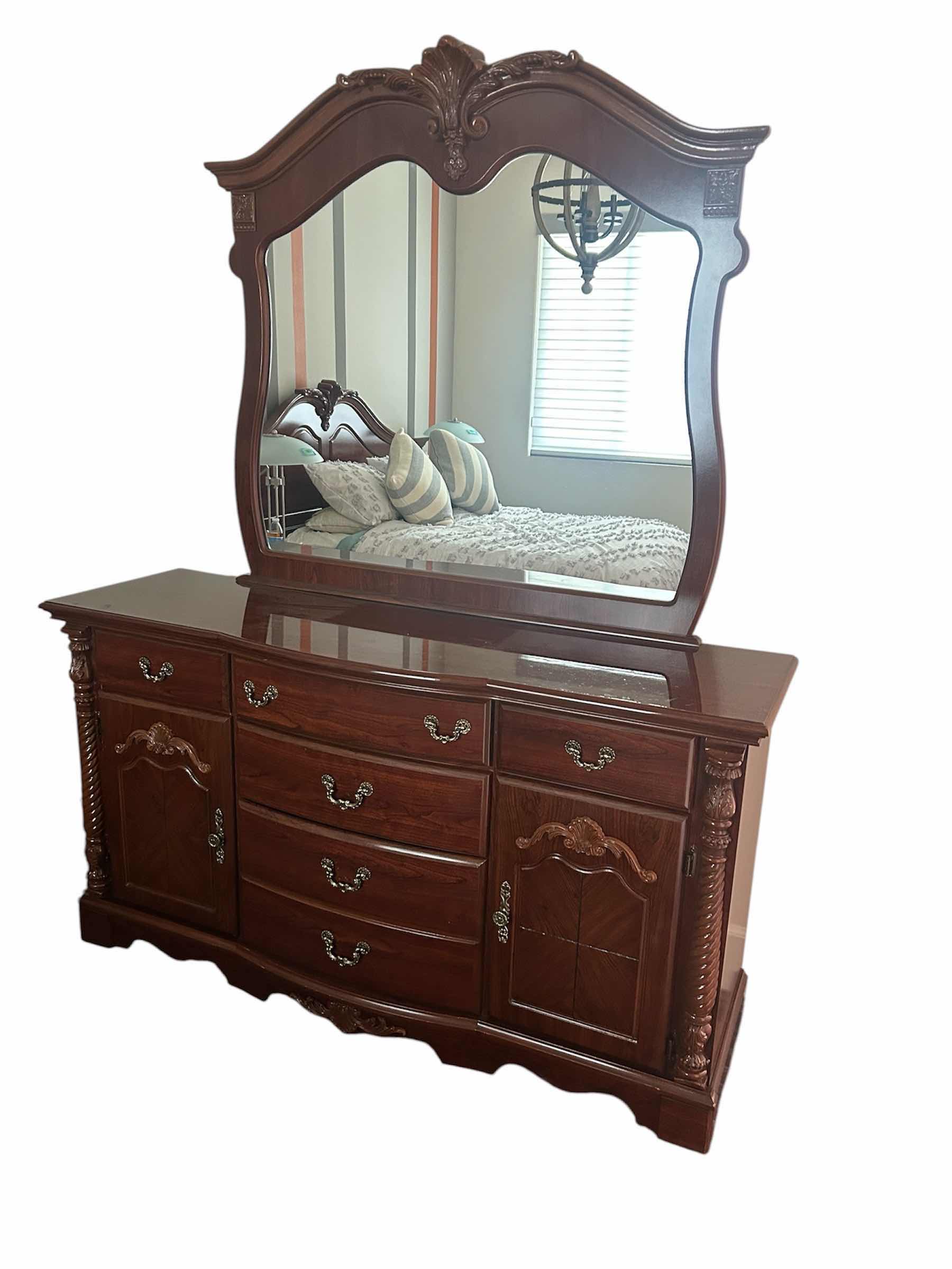Photo 1 of DARK CHERRYWOOD TRADITIONAL STYLE 5 DRAWER DRESSER MIRROR W ORNATE DRAWER PULLS 64" X 18" H 72"
