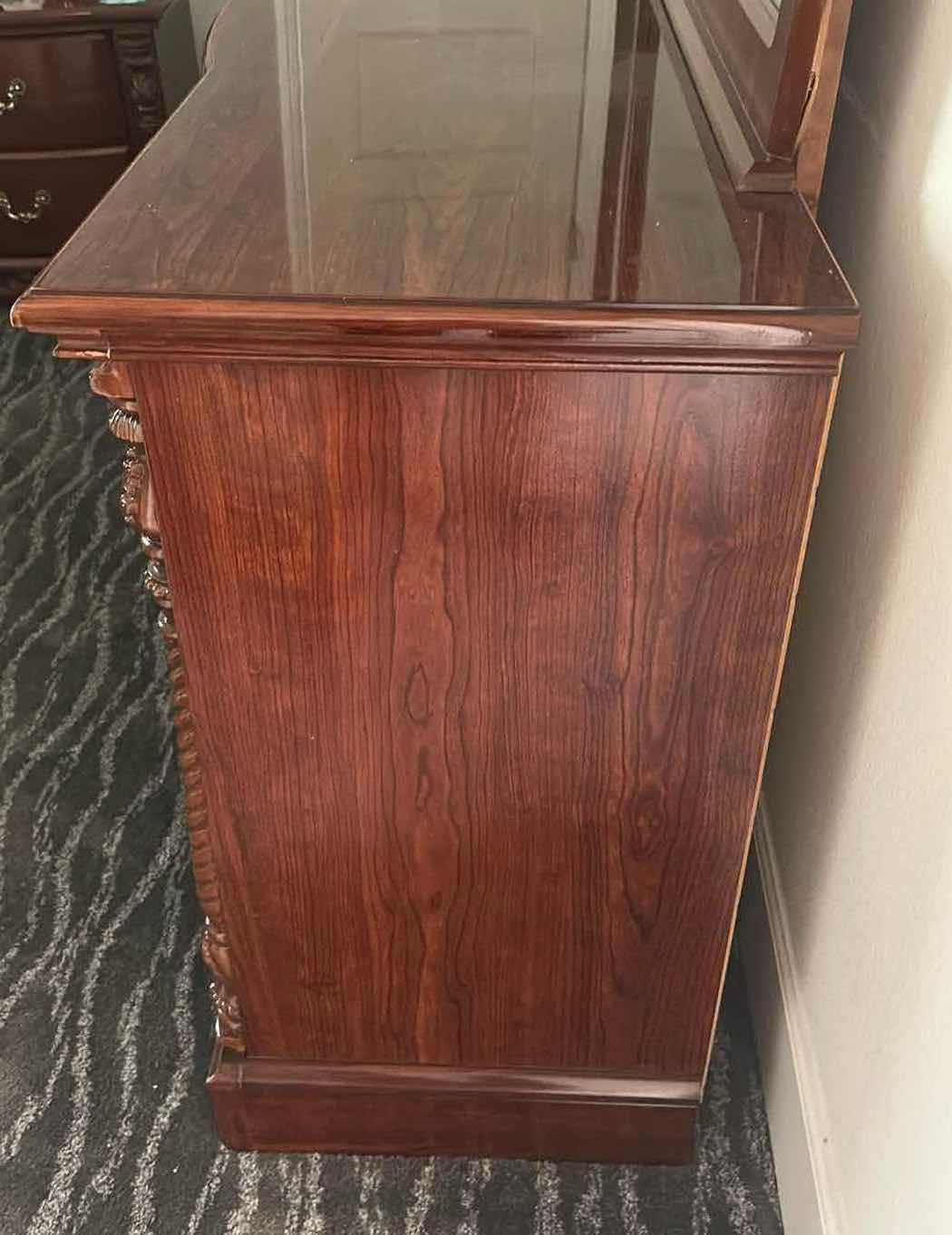 Photo 1 of DARK CHERRYWOOD TRADITIONAL STYLE 5 DRAWER DRESSER MIRROR W ORNATE DRAWER PULLS 64" X 18" H 72"