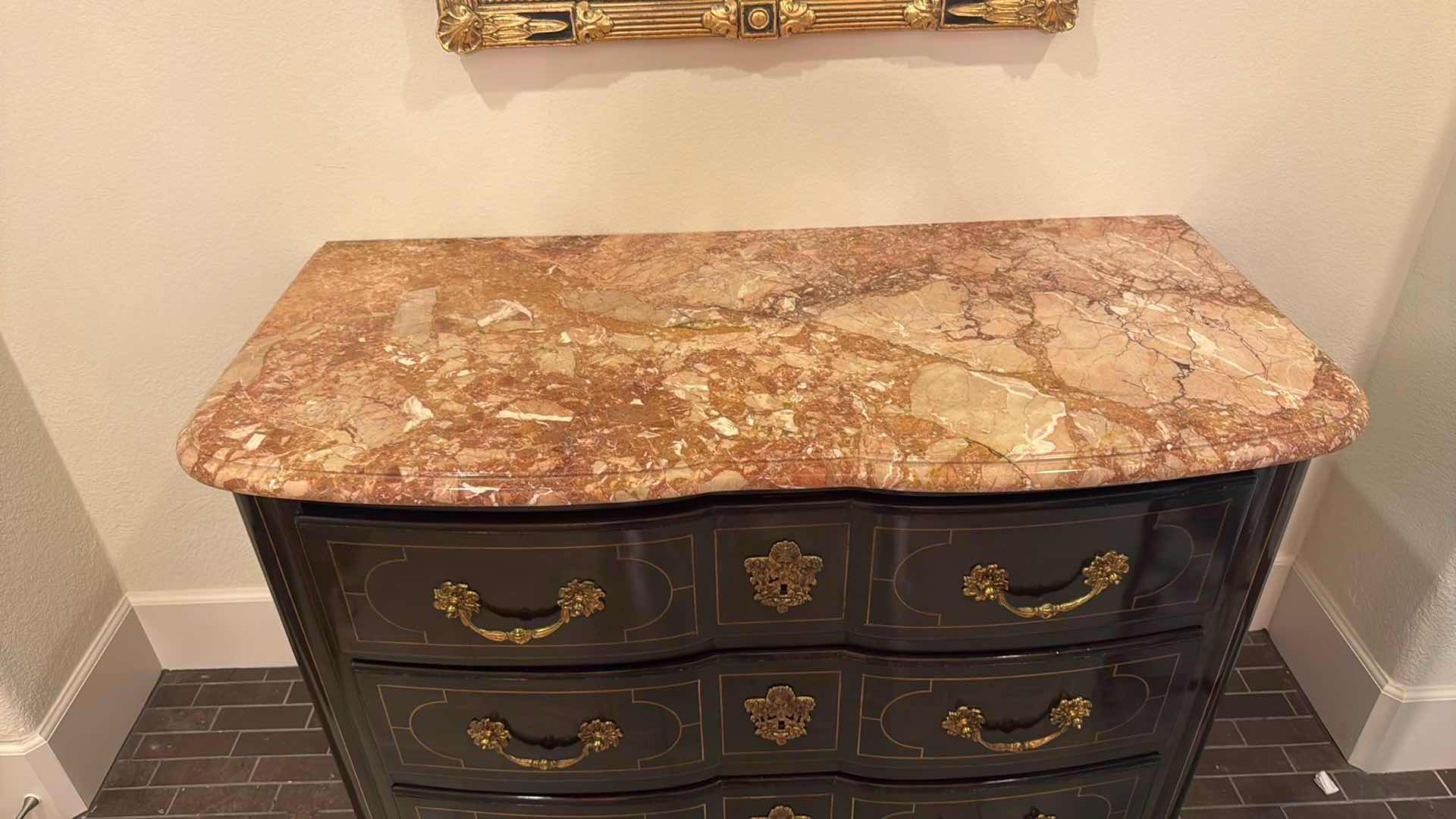 Photo 1 of VINTAGE DARK WOOD W MARBLE TOP & ORNATE GOLD HARDWARE DRESSER 49” x 23” H 33”