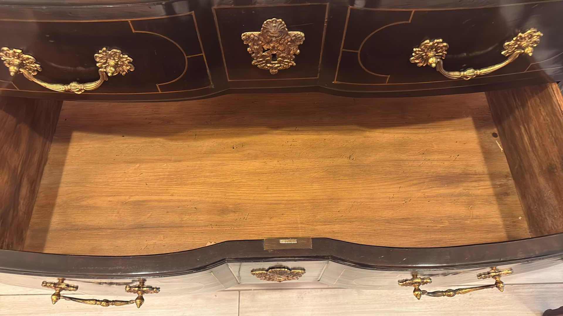 Photo 1 of VINTAGE DARK WOOD W MARBLE TOP & ORNATE GOLD HARDWARE DRESSER 49” x 23” H 33”