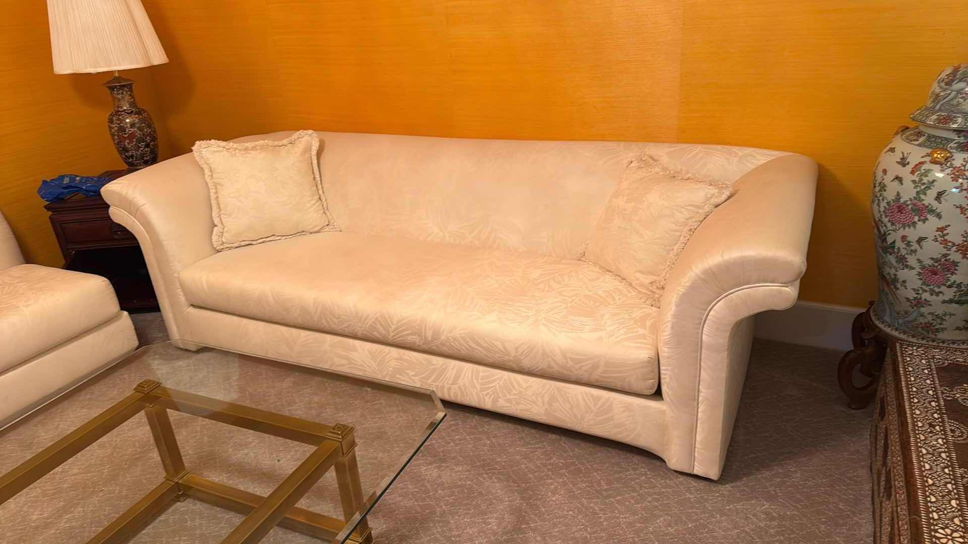 Photo 1 of VINTAGE CAIATI VETRO SOFA WHITE W MUTED LEAVES UPHOLSTERY & 2 ACCENT PILLOWS P95” x 36” H28”