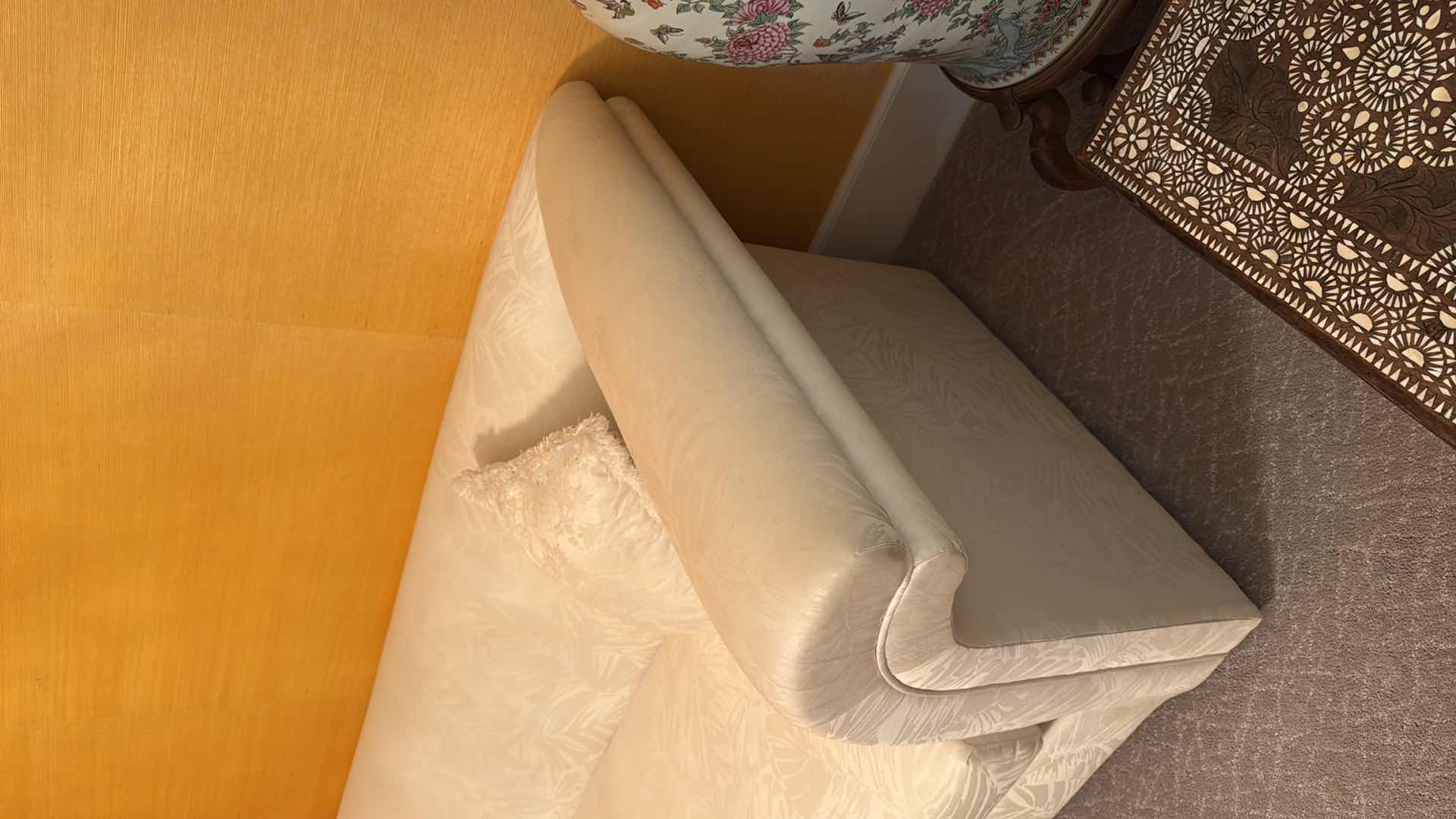 Photo 1 of VINTAGE CAIATI VETRO SOFA WHITE W MUTED LEAVES UPHOLSTERY & 2 ACCENT PILLOWS P95” x 36” H28”