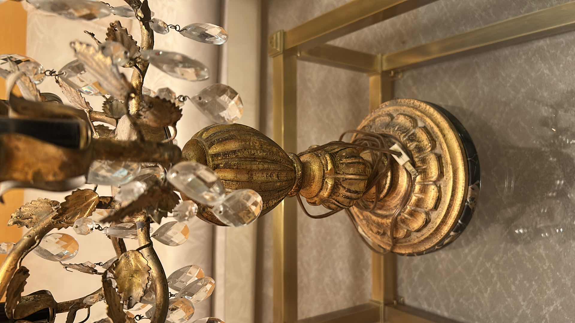 Photo 1 of VINTAGE ITALIAN FLORENTINE GILT TOLE AND CRYSTAL TABLE LAMP H 27"