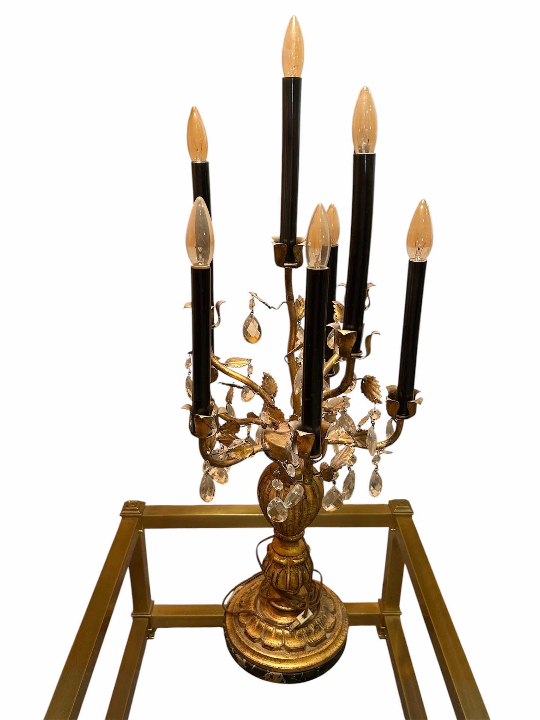 Photo 1 of VINTAGE ITALIAN FLORENTINE GILT TOLE AND CRYSTAL TABLE LAMP H 27"