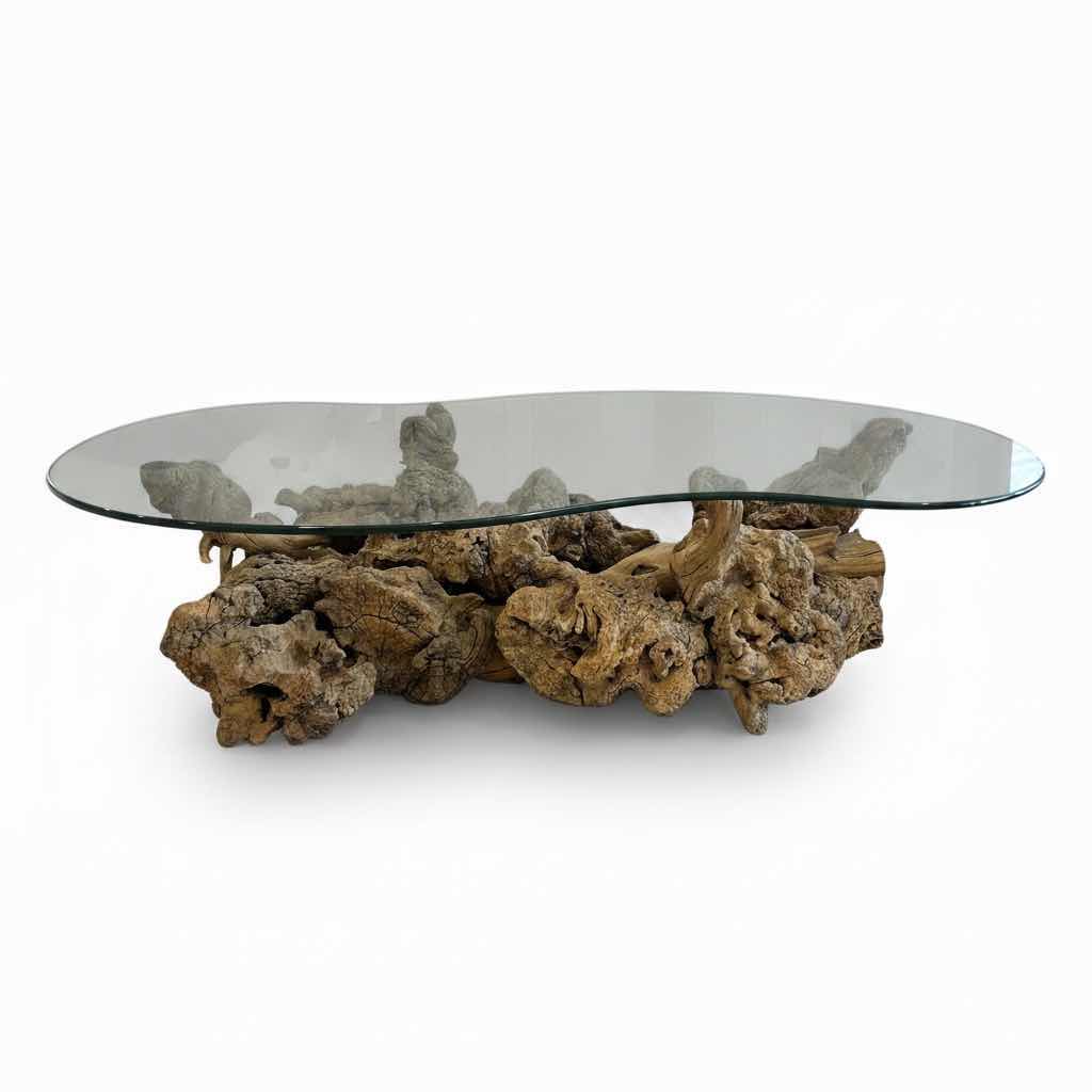 Photo 1 of VINTAGE BURL-WOOD COFFEE TABLE W KIDNEY- SHAPED GLASS TOP  60” X 31.5” H15”