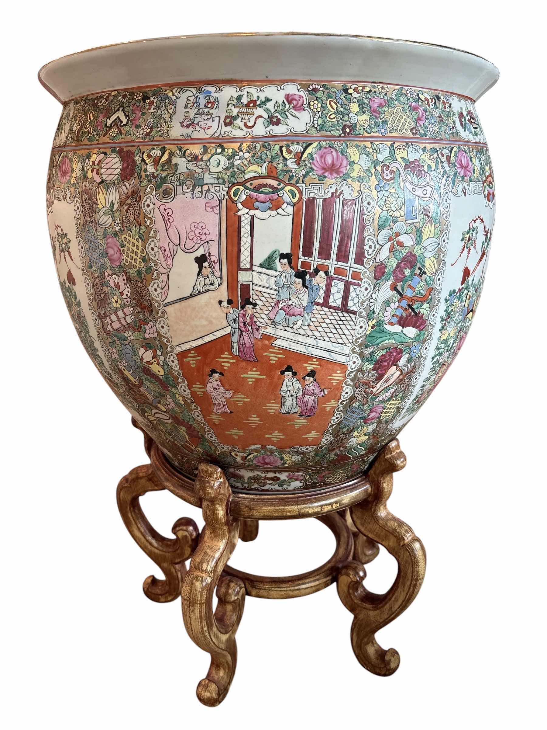 Photo 1 of HEAVY CHINESE PORCELAIN FAMILLE ROSE FISH MEDALLION PLANTER WITH FICUS LIVE PLANT H28”