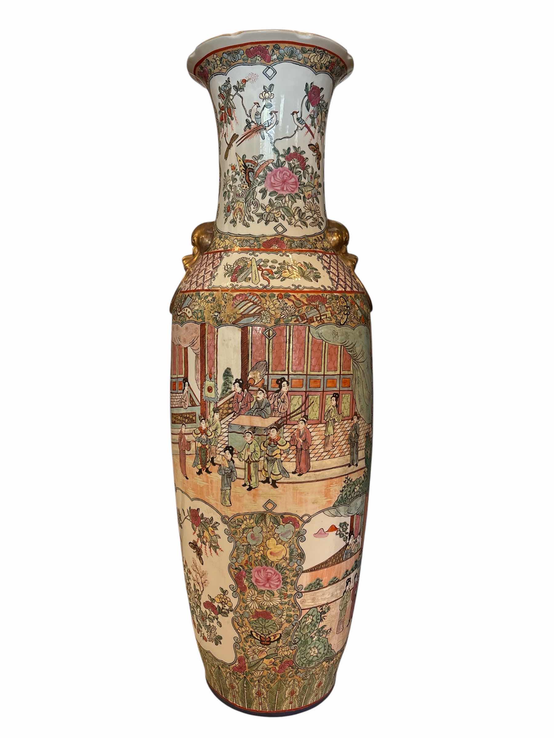Photo 1 of CHINESE HAND PAINTED ROSE MEDALLION TEMPLE PORCELAIN FLOOR VASE H38”