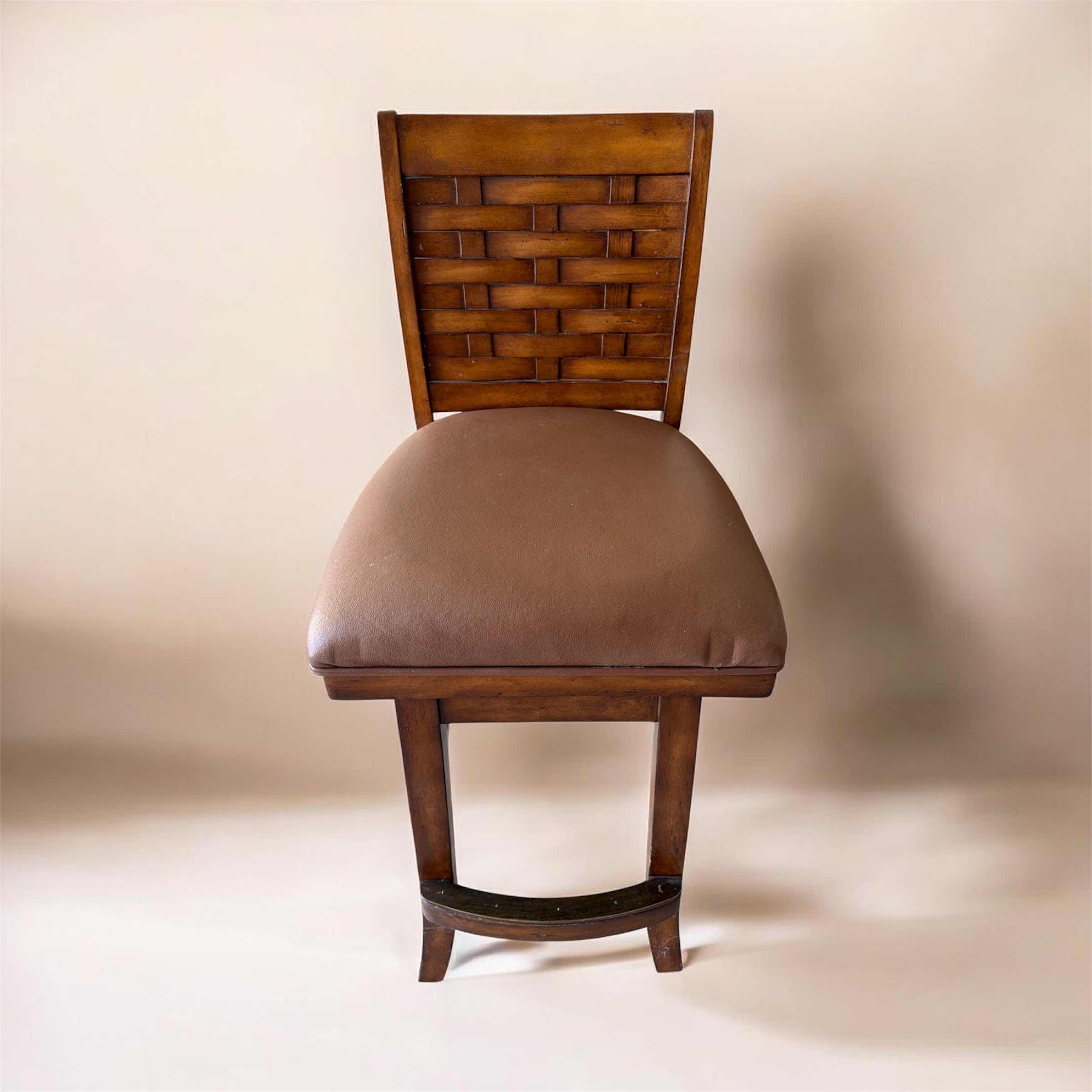 Photo 1 of 2-MAHOGANY WOVEN BACK SWIVEL BAR STOOLS W BROWN VINYL PADDED SEAT