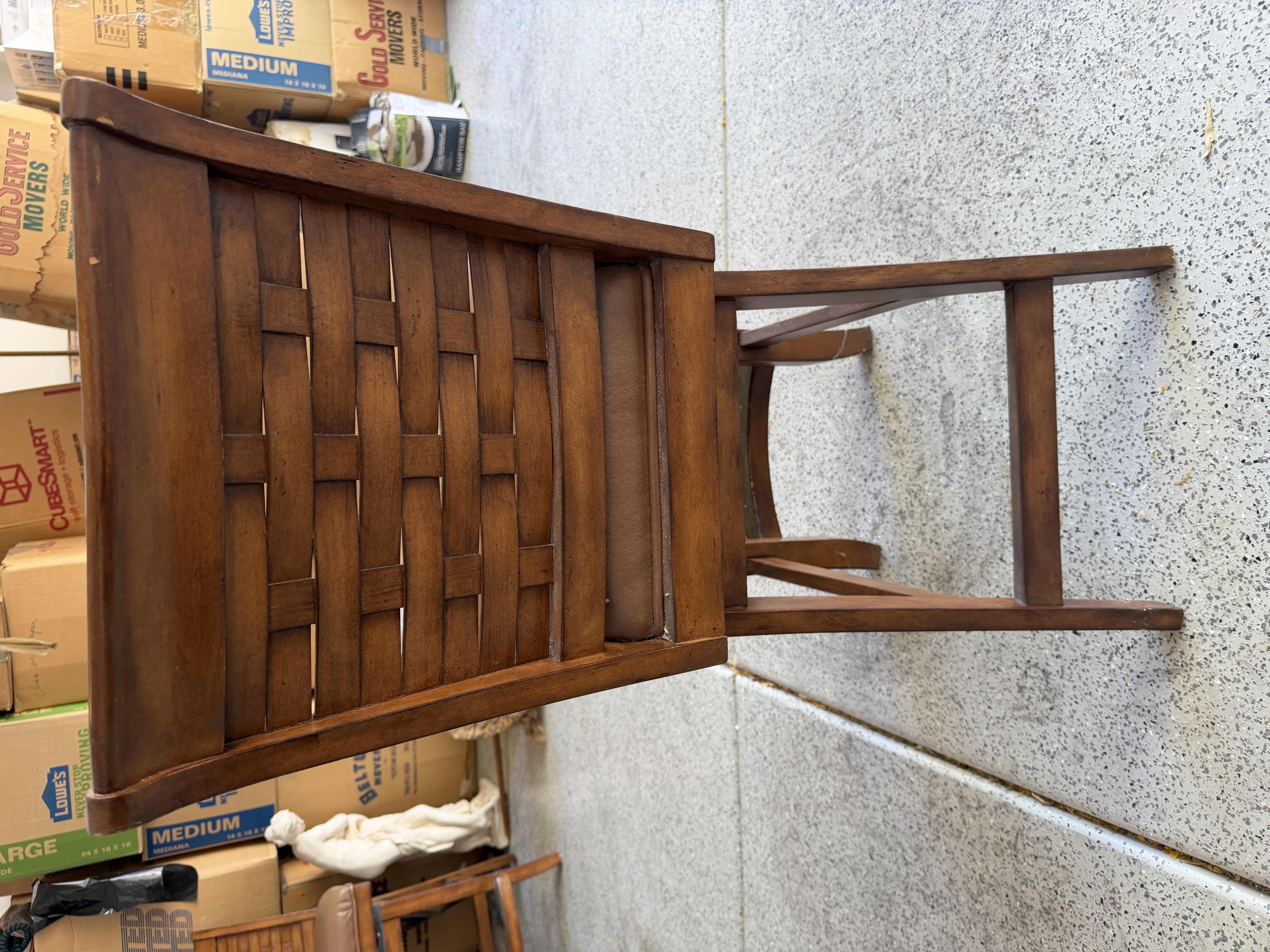 Photo 1 of 2-MAHOGANY WOVEN BACK SWIVEL BAR STOOLS W BROWN VINYL PADDED SEAT