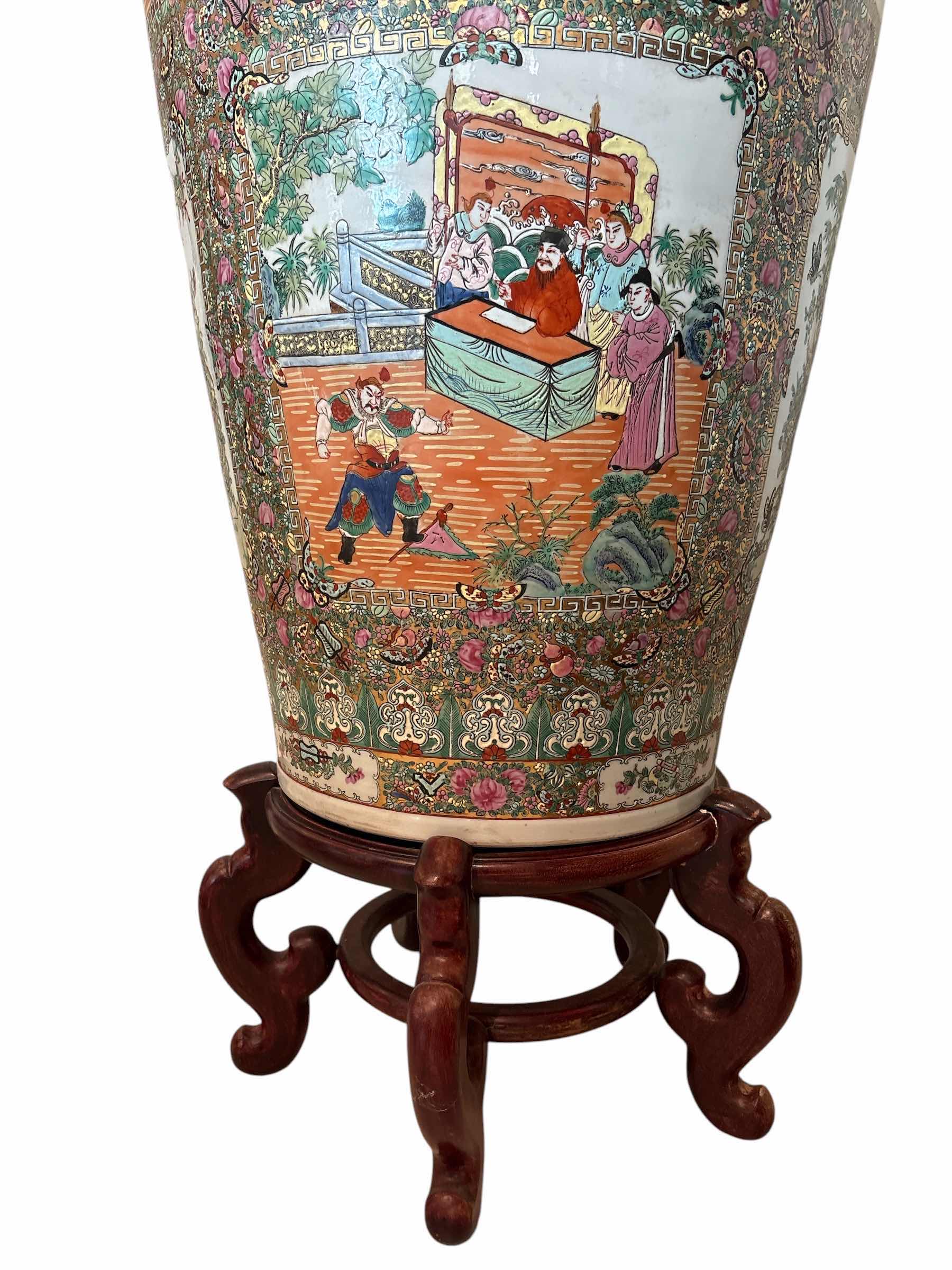 Photo 1 of MONUMENTAL CHINESE FAMILLE ROSE MEDALLION FLOOR VASE WOTH WOOD STAND H64”