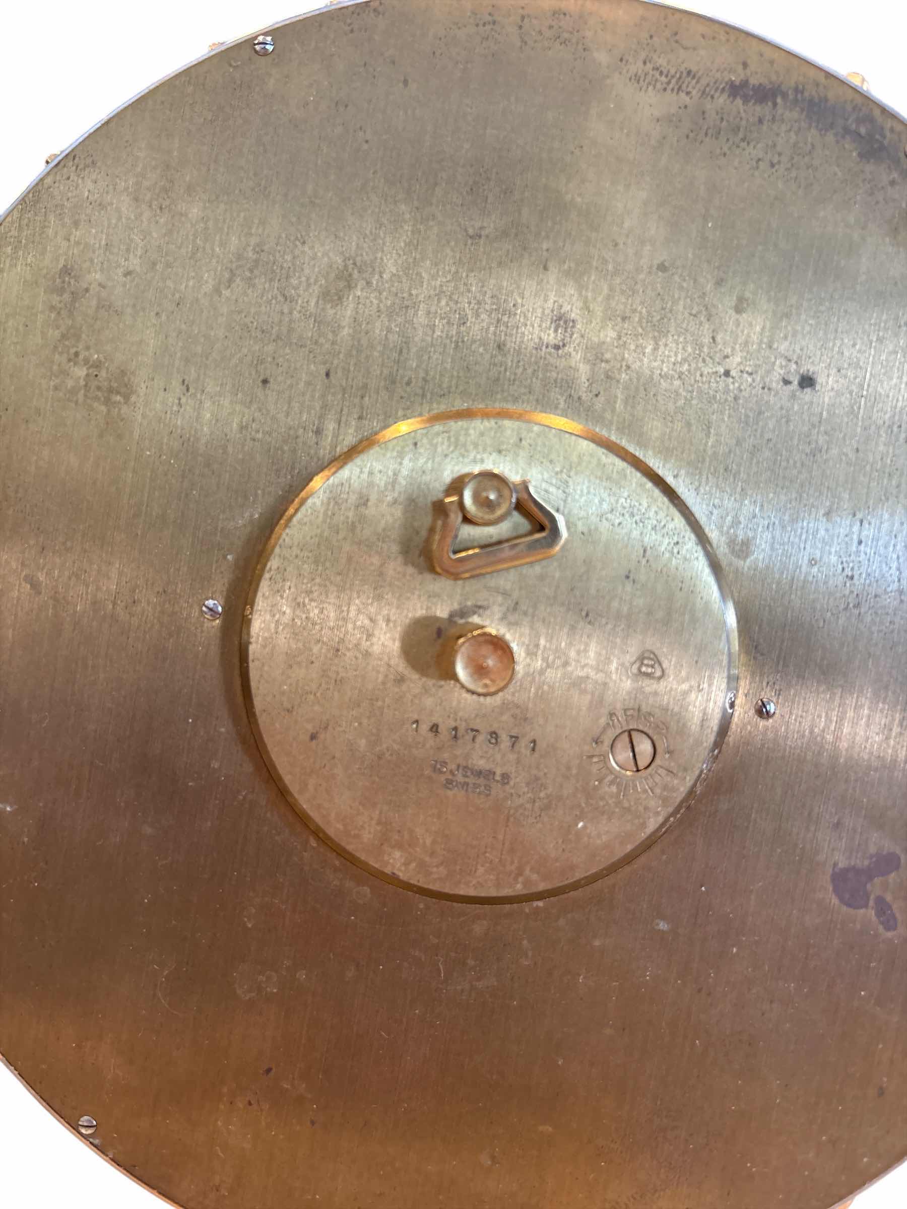Photo 1 of IMHOF CIRCULAR BRASS DESK CLOCK 1417871 15 JEWELS SWISS H7”