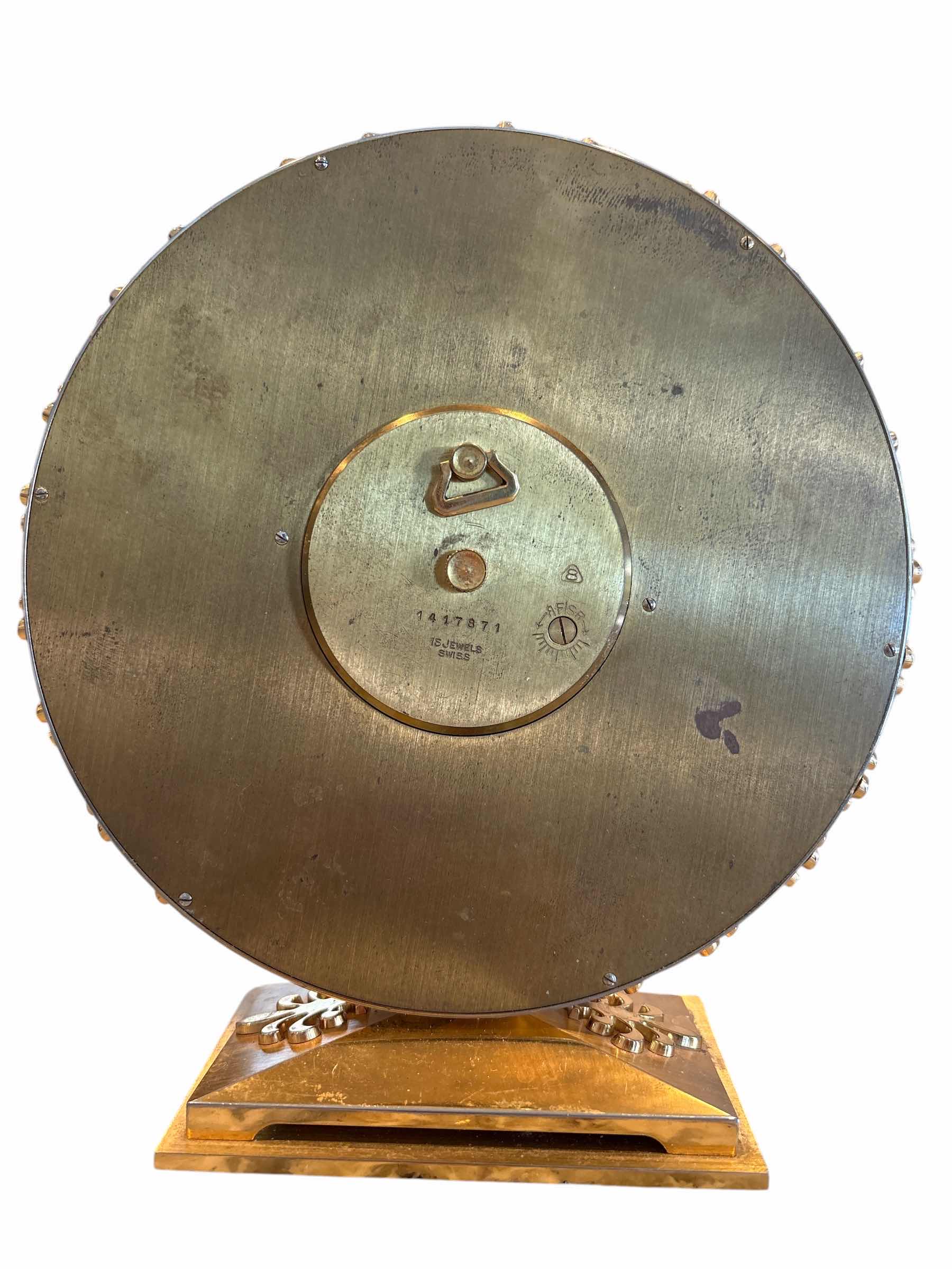 Photo 1 of IMHOF CIRCULAR BRASS DESK CLOCK 1417871 15 JEWELS SWISS H7”