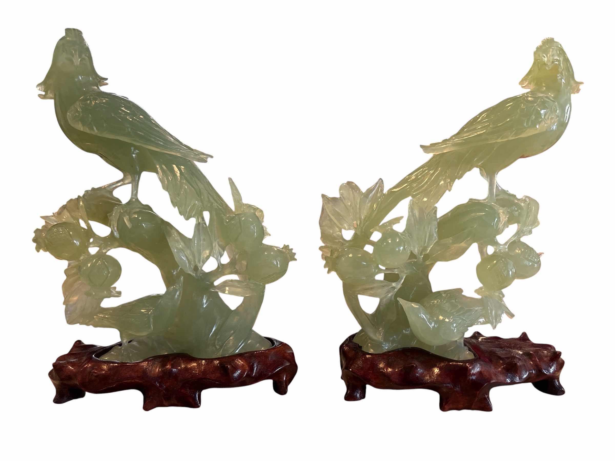 Photo 1 of (2)PCS JADEITE BIRD FIGURINES ON HAND CARVED TRUNK AND WOODEN BASE IN PROTECTIVE BOX H7.02”