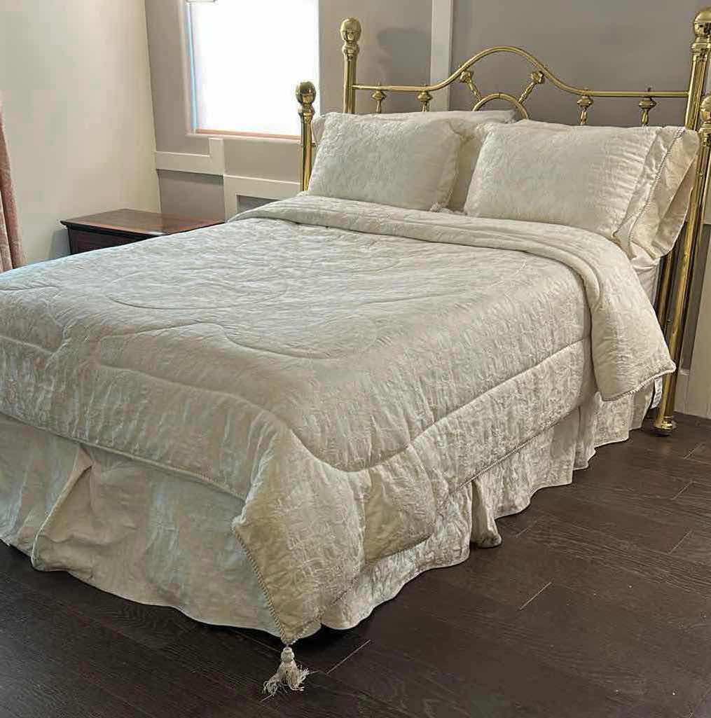 Photo 1 of CLASS VIENNA WOVEN MATELASSE SCROLL LIGHT CREAM QUEEN COMFORTER W TASELS AND 2 MATCHING SHAMS  BRASS HEADBOARD SOLD SEPARATELY