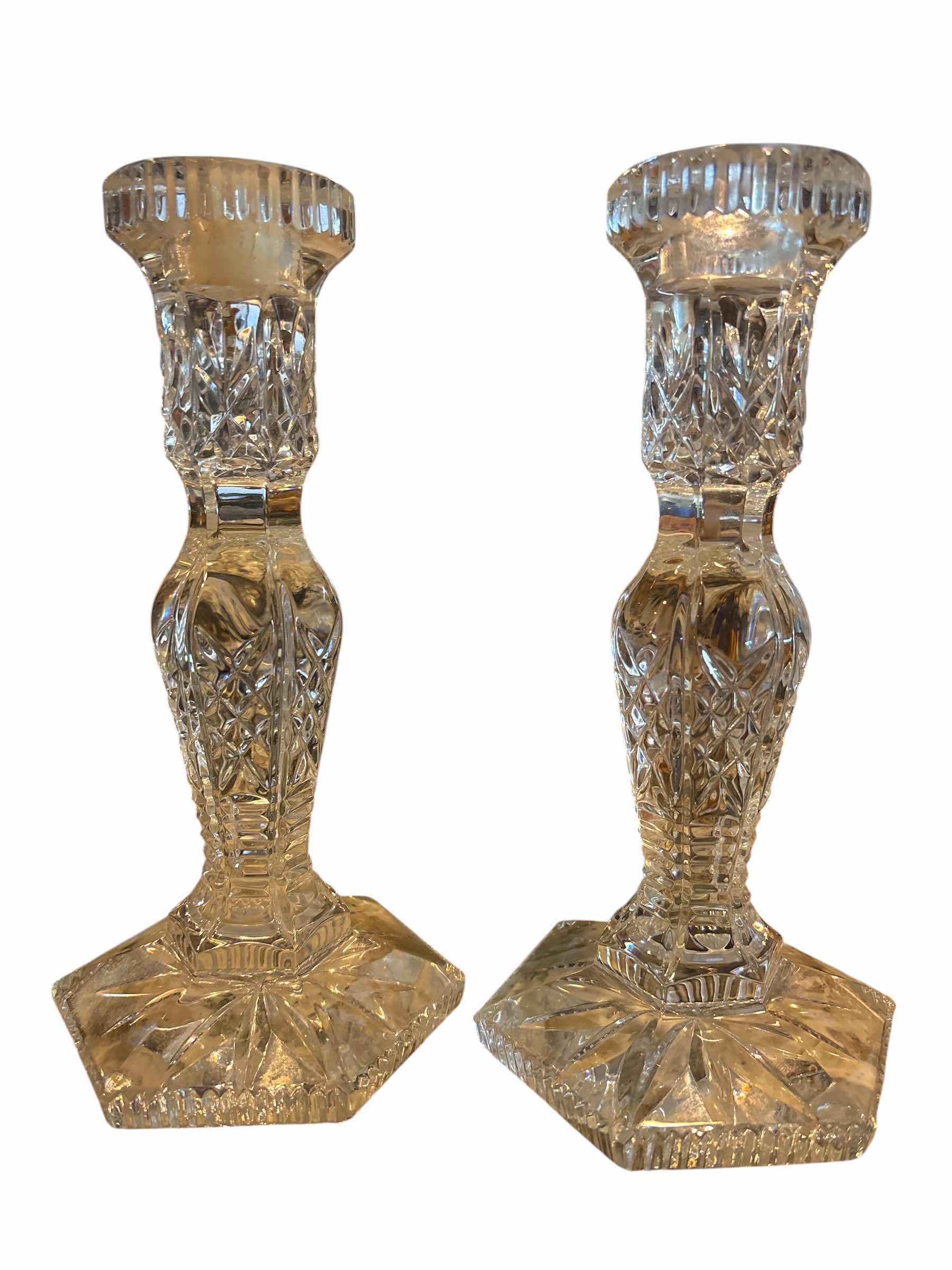 Photo 1 of (2)PCS WATERFORD CRYSTAL HARDWICK TAPERED CANDLEHOLDERS SEAHORSE MARK H8.5”