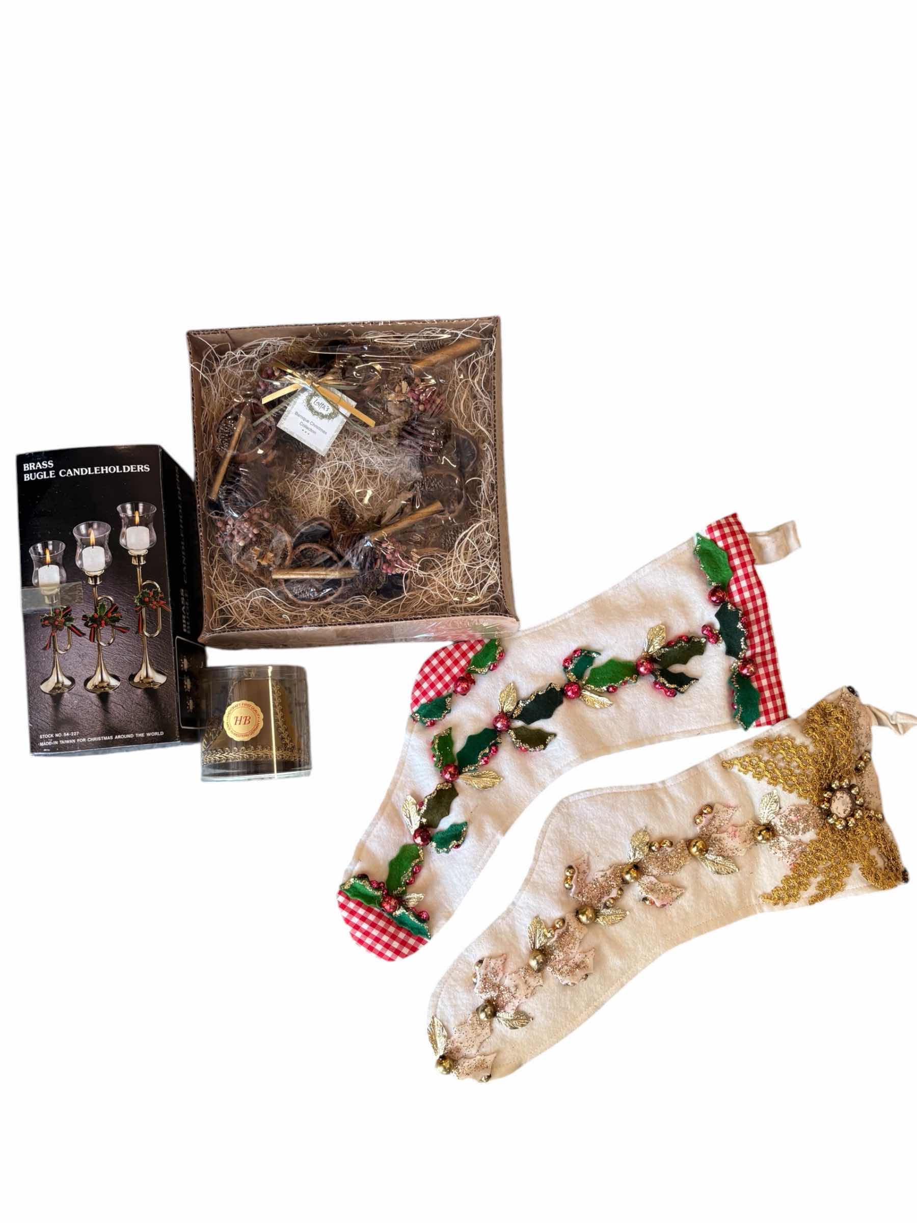 Photo 1 of (5)PCS CHRISTMAS DECORATIVE CANDLE HOLDERS, POPEREI & STOCKING