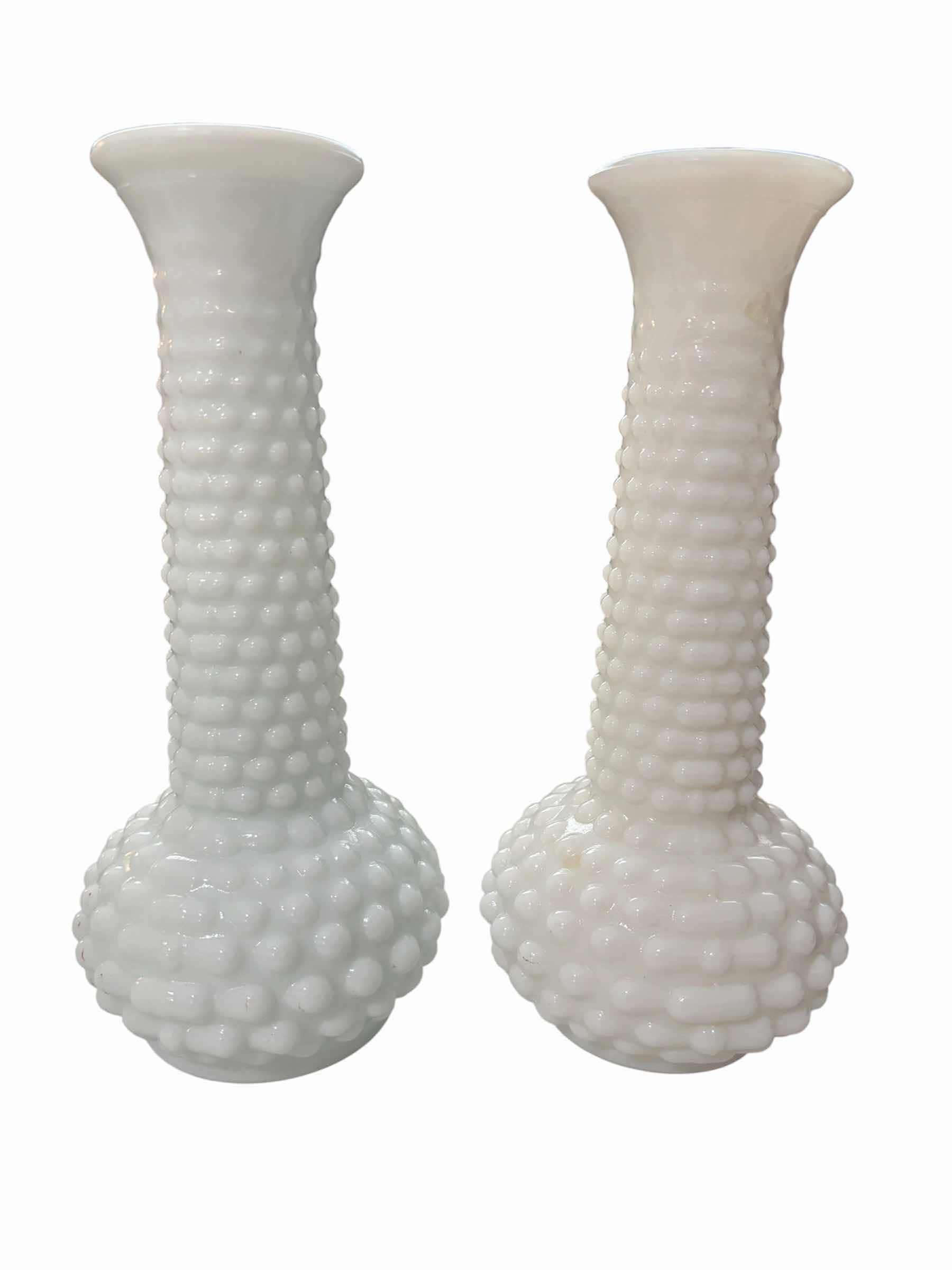 Photo 1 of VINTAGE WHITE OPALESCENT MILK GLASS HOBNAIL BUD VASES (2) & PERFUME BOTTLE $60
