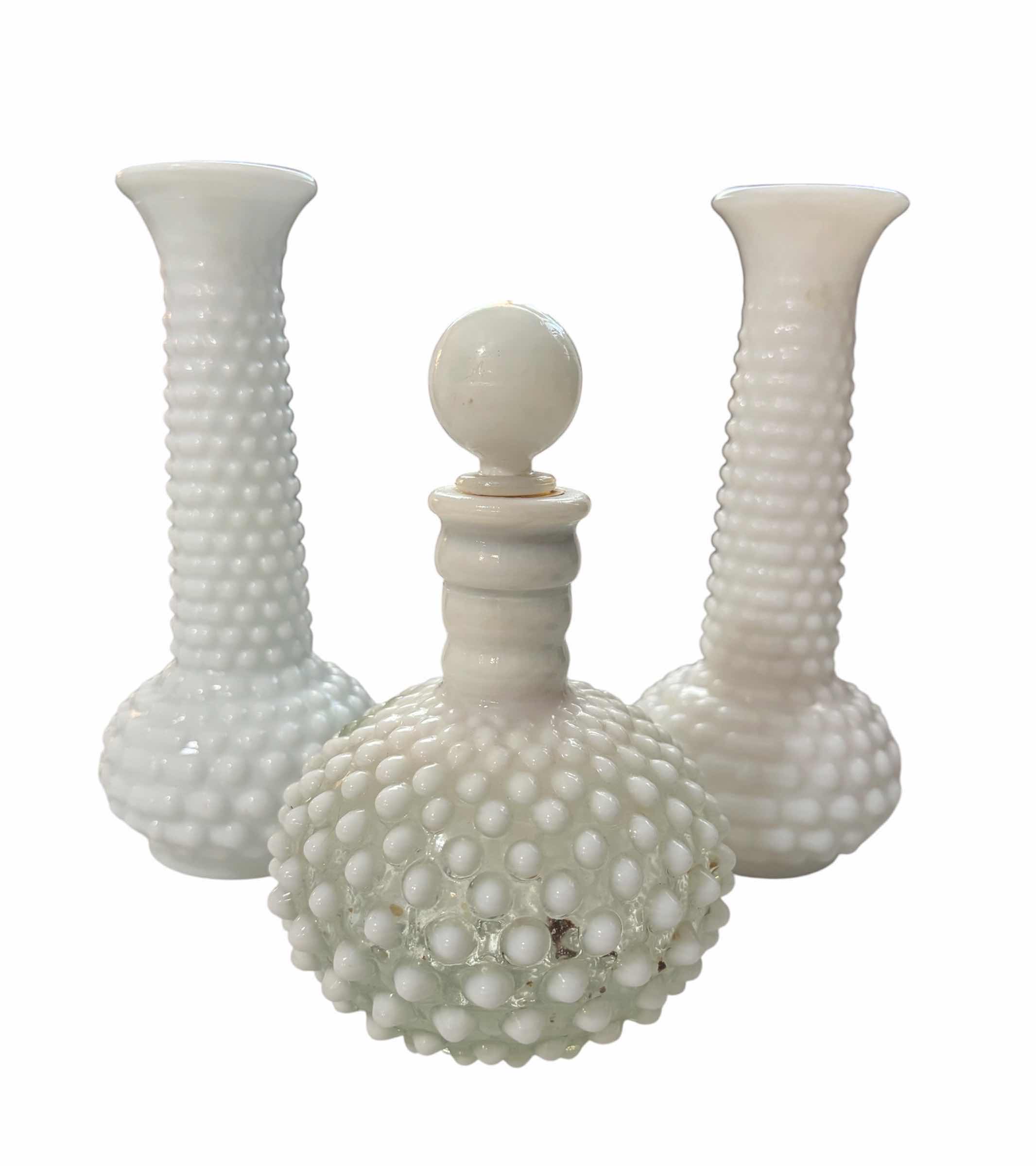 Photo 1 of VINTAGE WHITE OPALESCENT MILK GLASS HOBNAIL BUD VASES (2) & PERFUME BOTTLE $60