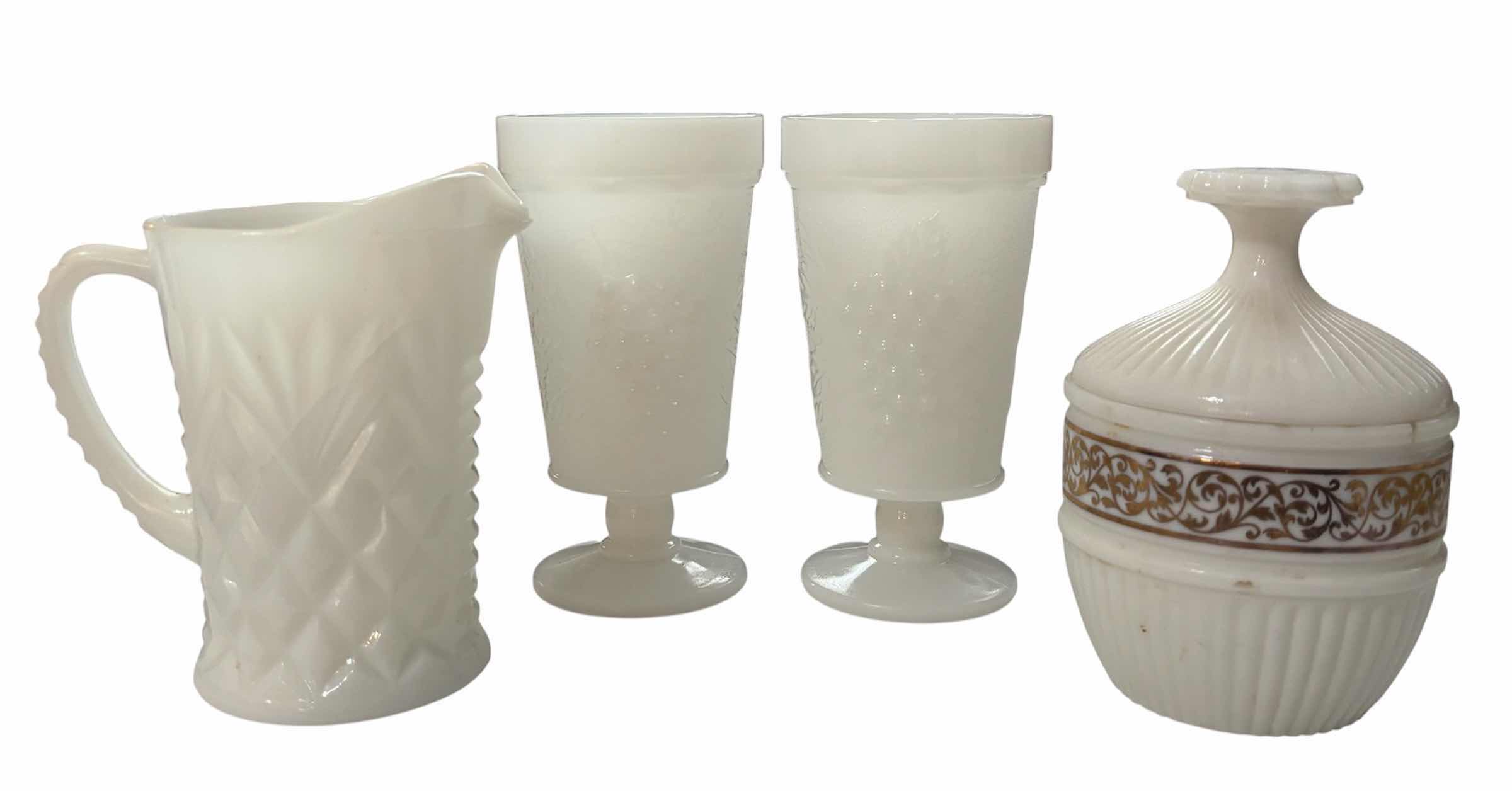 Photo 1 of MILK GLASS GOBLETS H6”, PITCHER & DISH