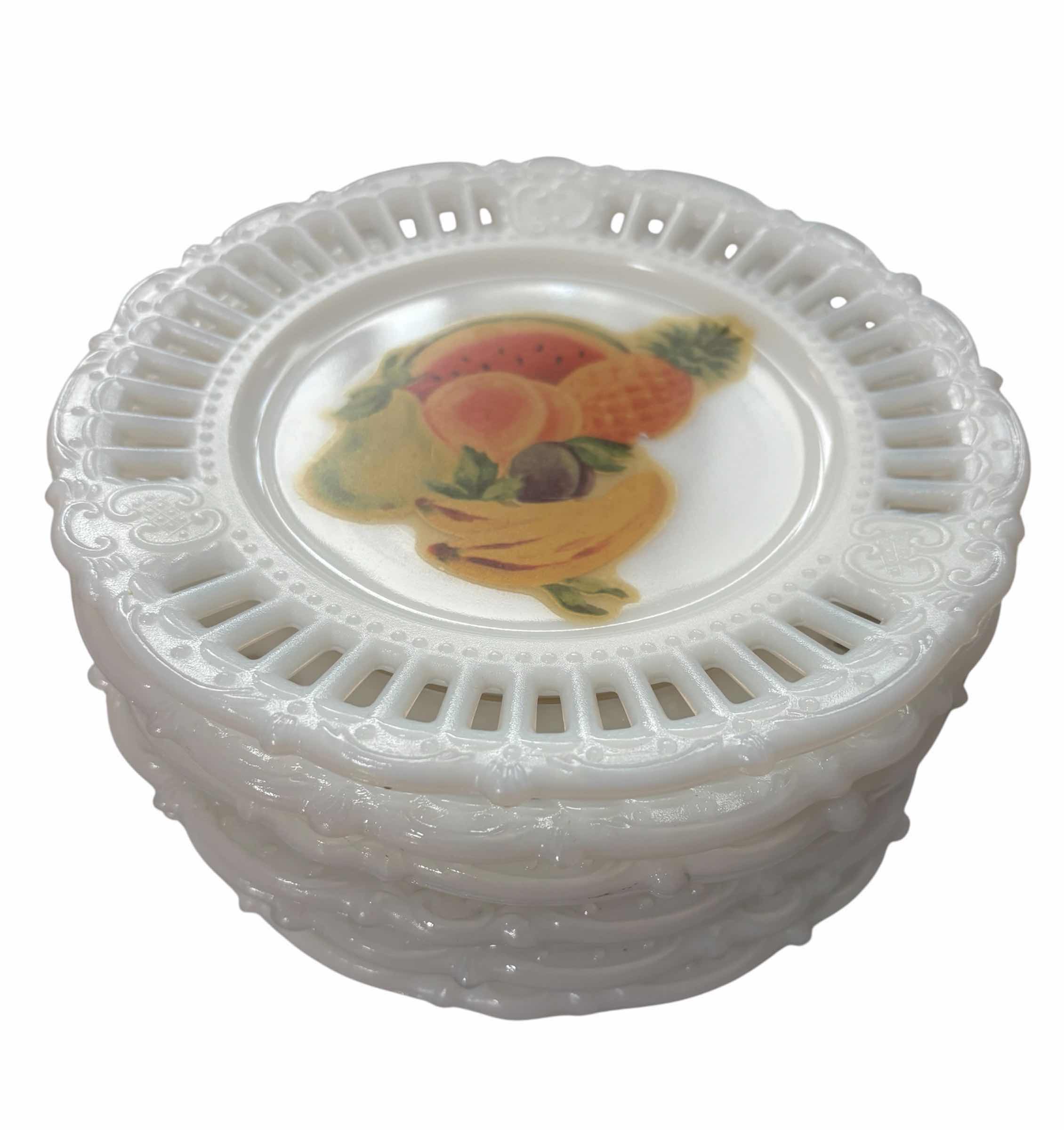 Photo 1 of VINTAGE RETICULATED MILK GLASS DESSERT PLATES (6) D7” $150