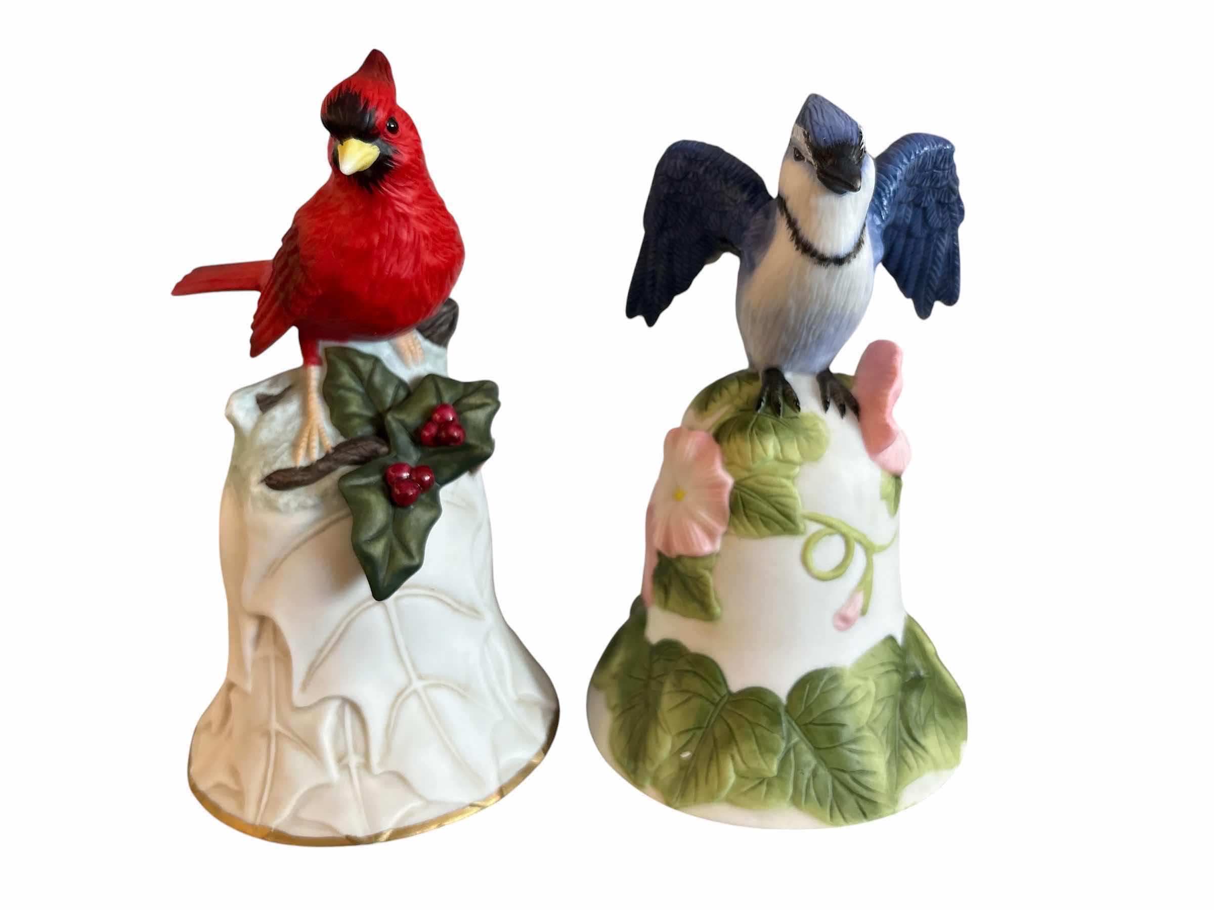 Photo 1 of (2)PCS VINTAGE AVON RED CARDINAL & BLUE JAY PORCELAIN CHRISTMAS BELL IN ORIGINAL BOX H6”