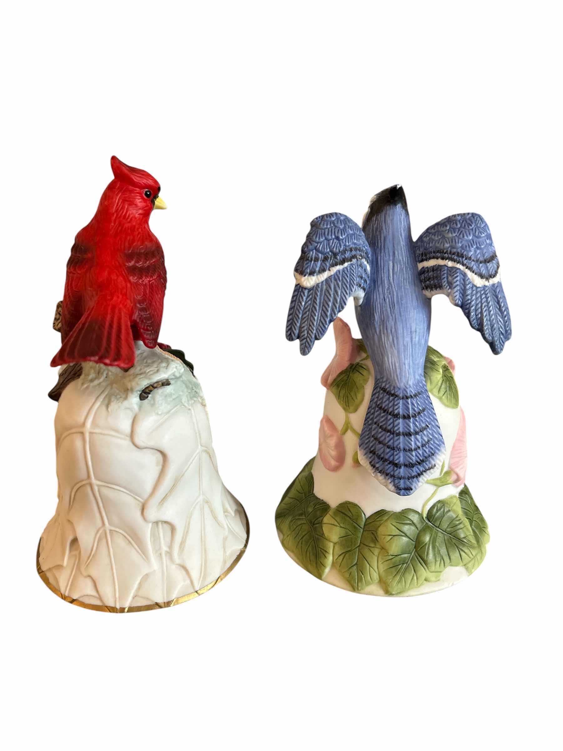 Photo 1 of (2)PCS VINTAGE AVON RED CARDINAL & BLUE JAY PORCELAIN CHRISTMAS BELL IN ORIGINAL BOX H6”