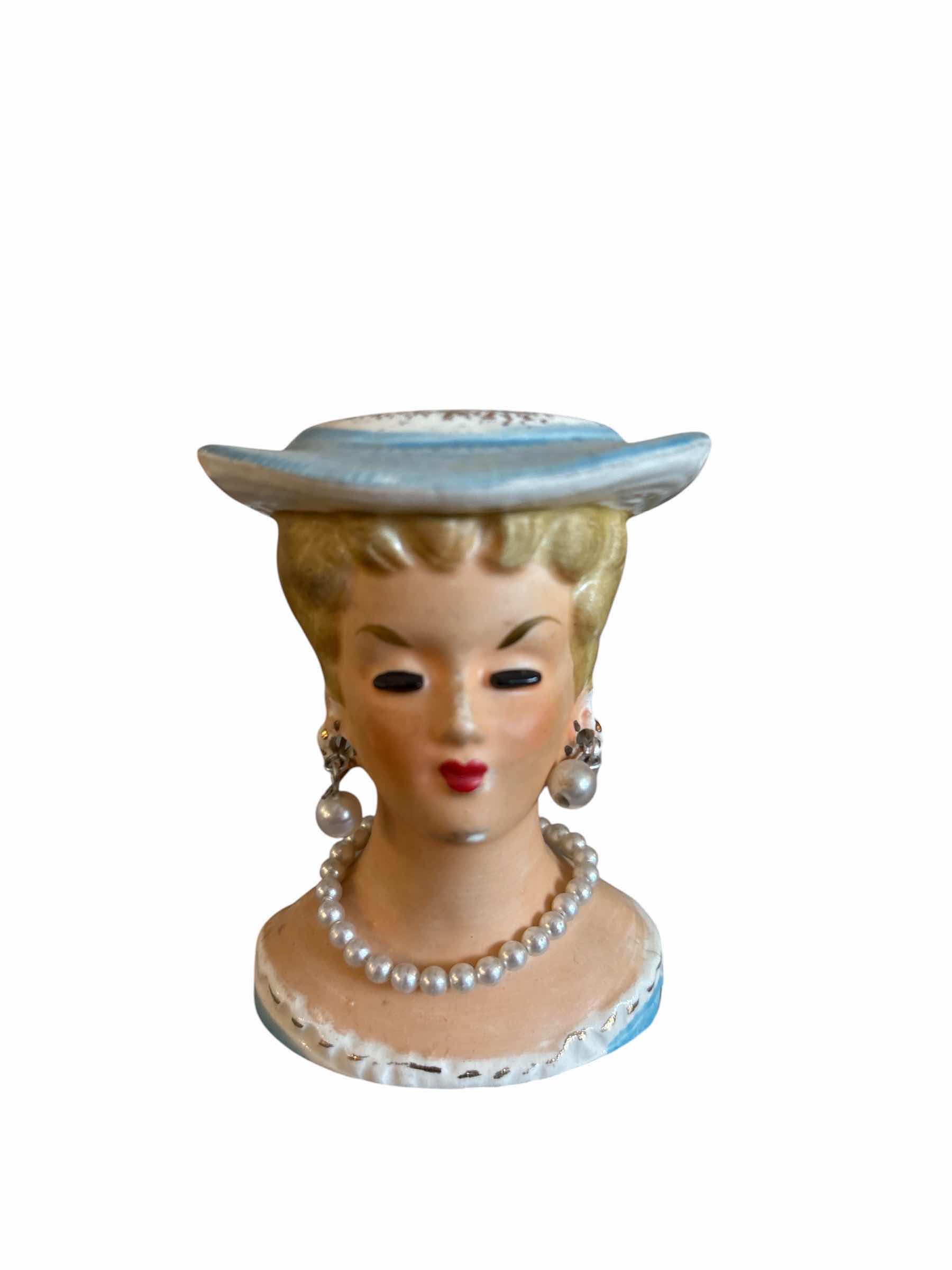 Photo 1 of VINTAGE BLUE RIMMED HAT LADY HEAD VASE H3”