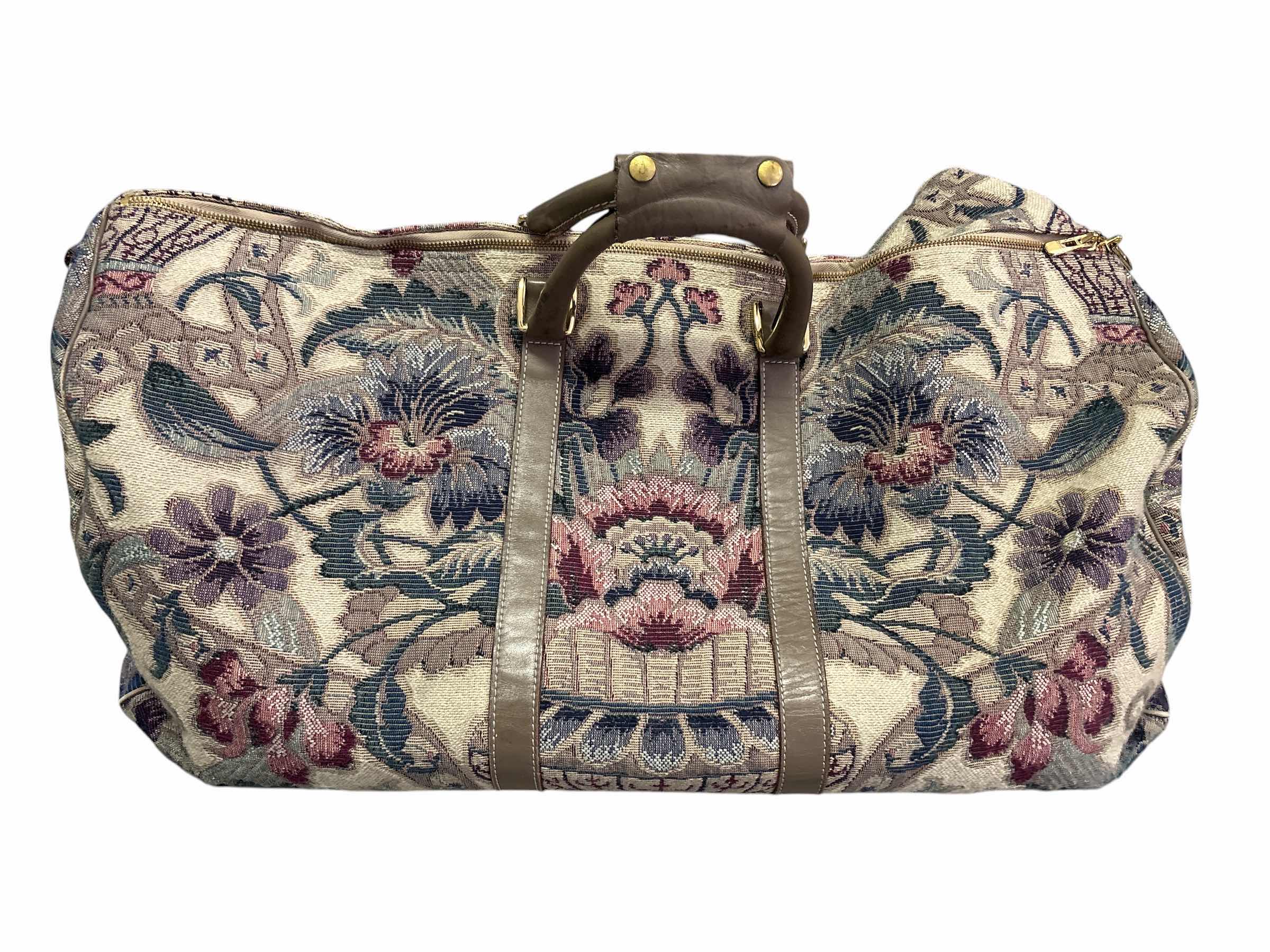 Photo 1 of VINTAGE FRENCH BROWN DISTRESSED LEATHER W FLORAL PATTERN DUFFLEBAG L22” $275