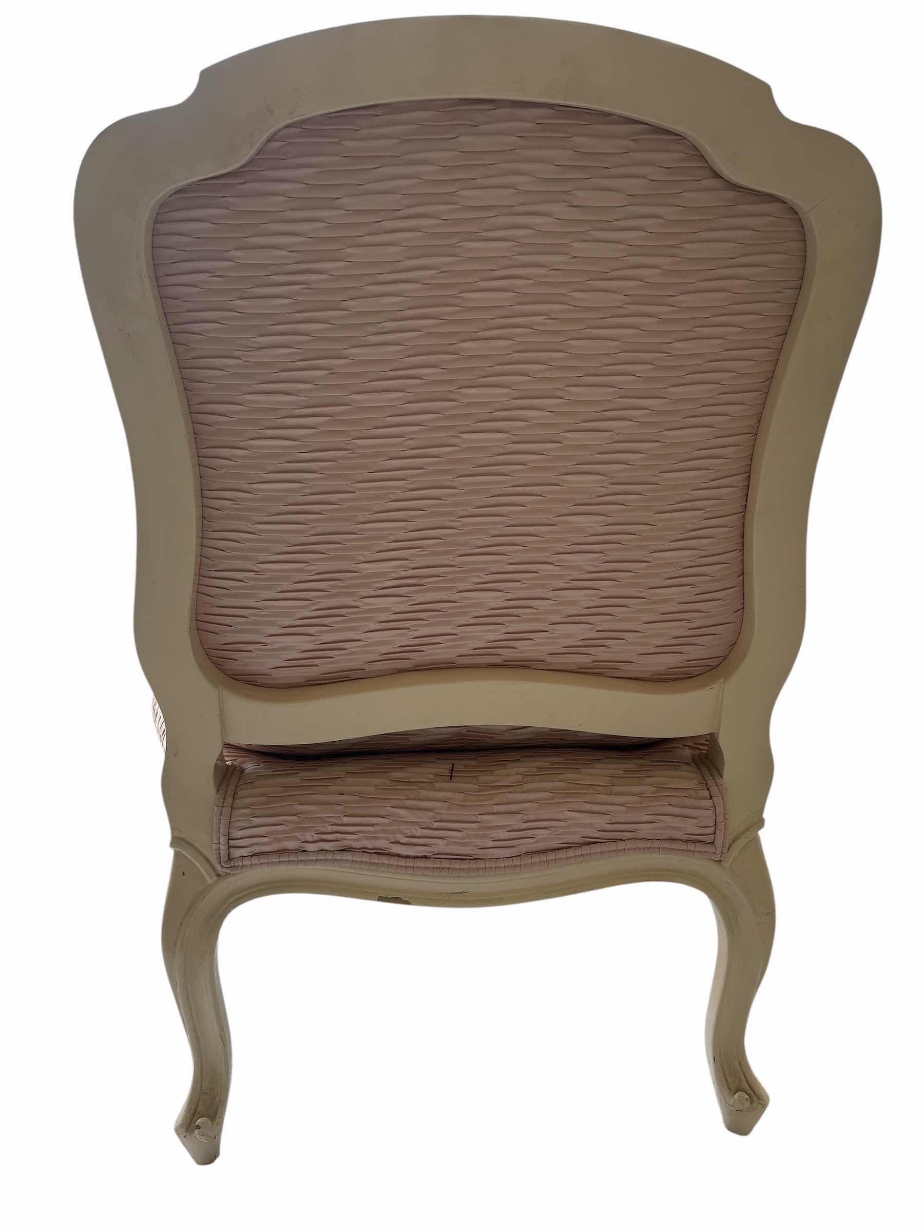Photo 1 of FRENCH LOUIS XV ARMCHAIR W DISTRESSED WHITE PAINTED WOODEN FRAME AND PLEATED LIGHT PINK FABRIC SEAT HEIGHT 17” & 34”