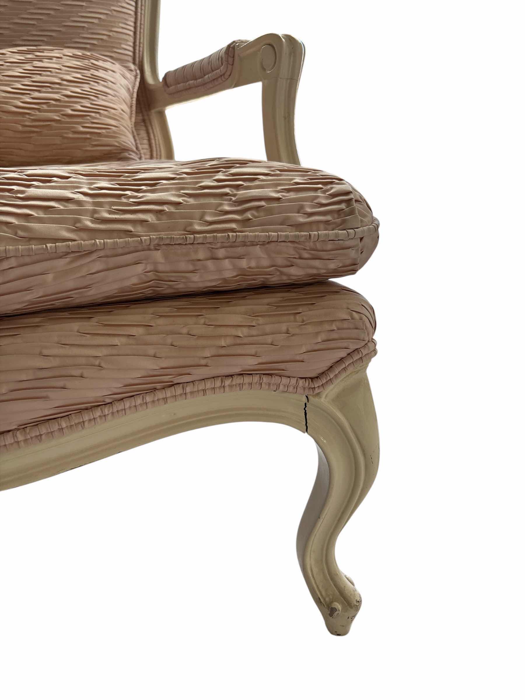 Photo 1 of FRENCH LOUIS XV ARMCHAIR W DISTRESSED WHITE PAINTED WOODEN FRAME AND PLEATED LIGHT PINK FABRIC SEAT HEIGHT 17” & 34”