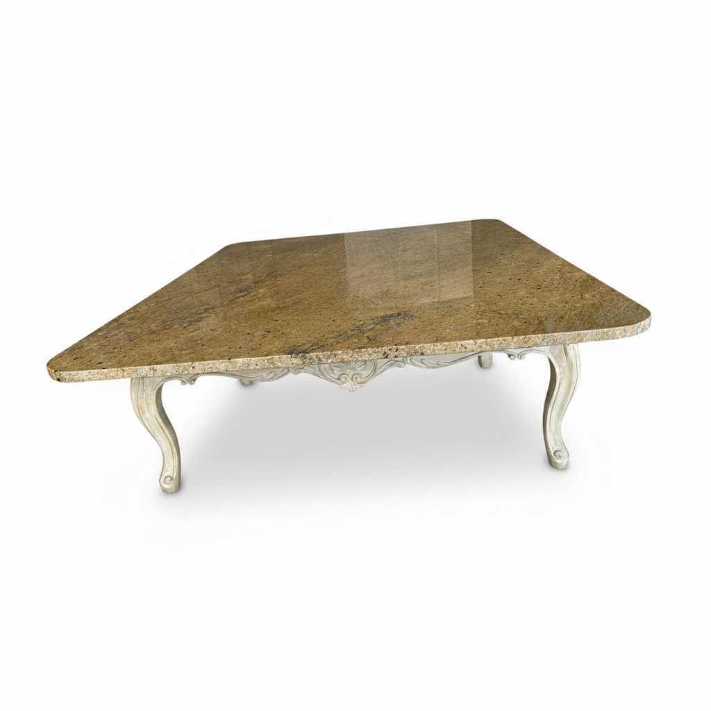 Photo 1 of FRENCH PROVINCIAL STYLE COFFEE TABLE W GRANITE TOP & DISTRESSED CARVED WOODEN BASE 55”X42”H16.5”