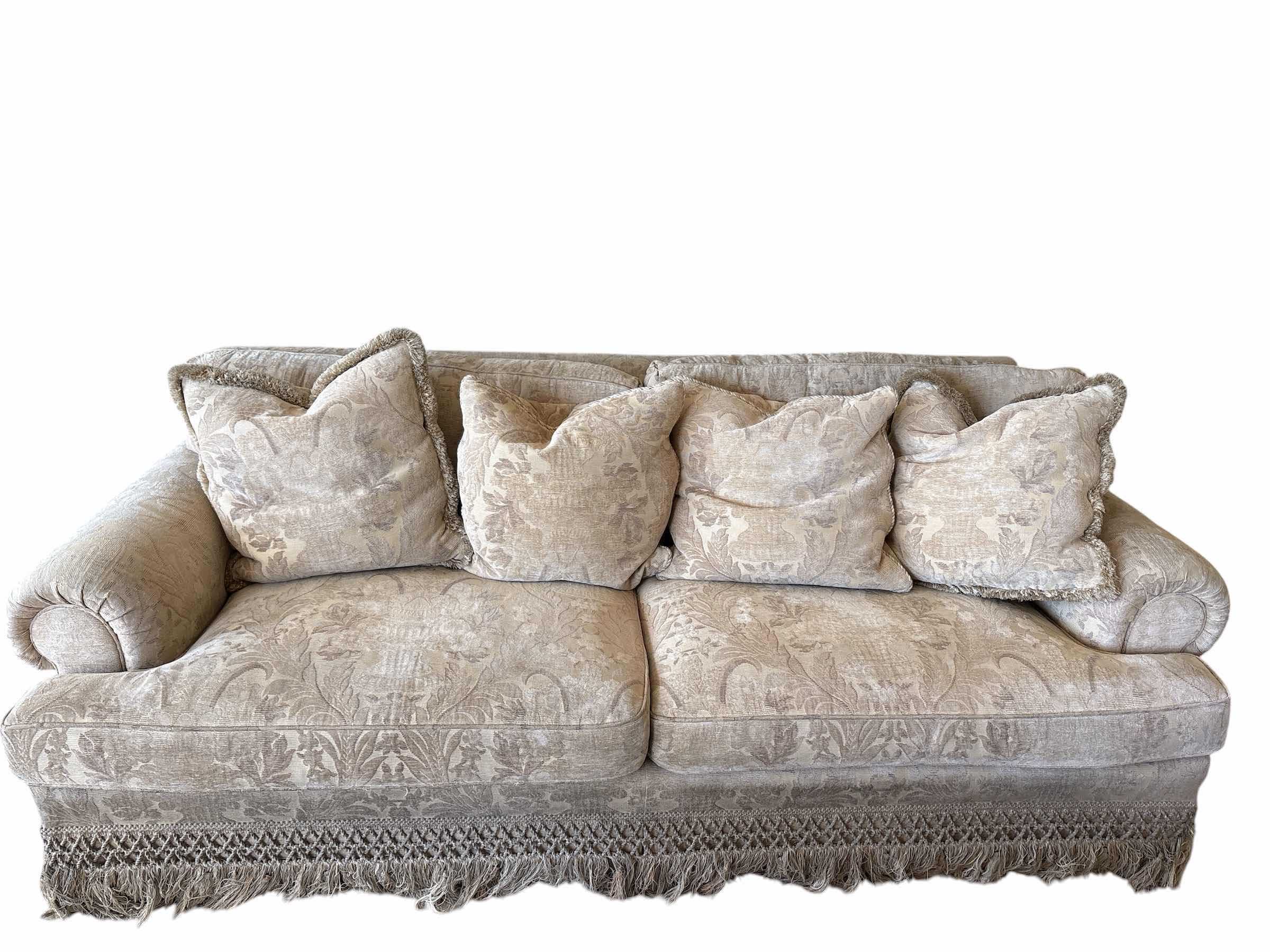 Photo 1 of VINTAGE UPHOLSTERED CREAM DAMASK FABRIC W FRINGED THROW PILLOWS SOFA 86”X40H32”