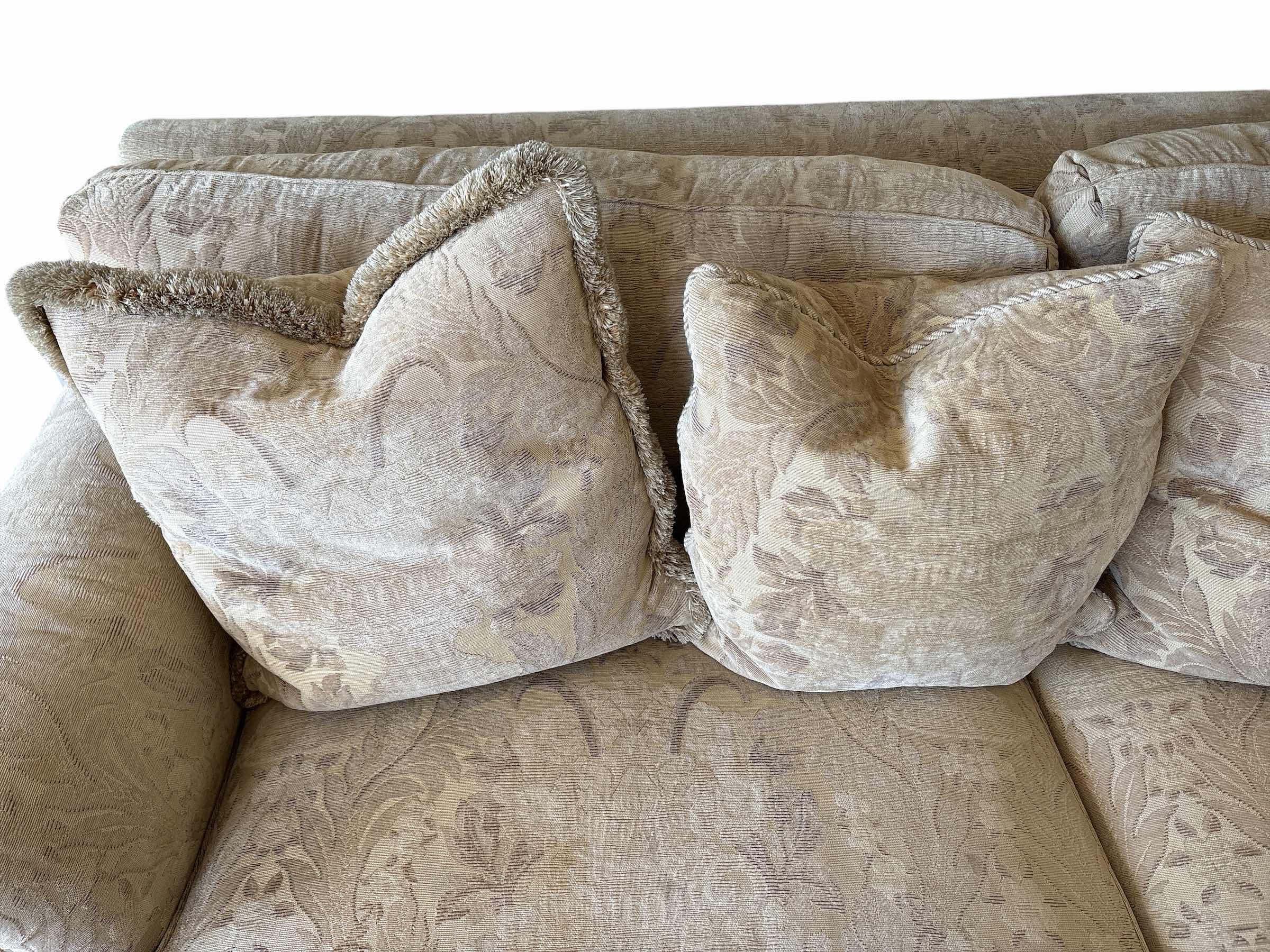 Photo 1 of VINTAGE UPHOLSTERED CREAM DAMASK FABRIC W FRINGED THROW PILLOWS SOFA 86”X40H32”