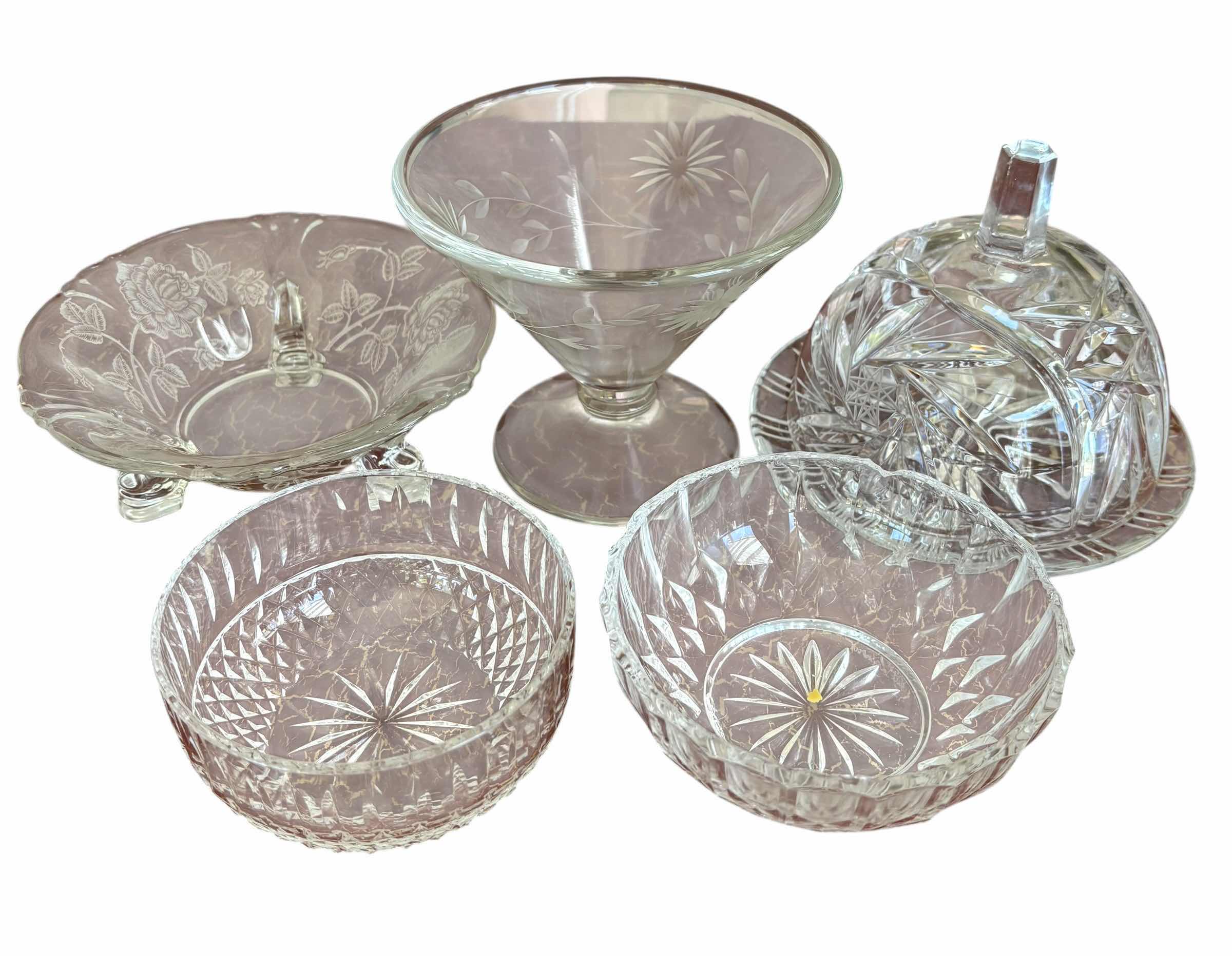 Photo 1 of CRYSTAL ROUND BUTTER DISH, KOSTA BOFA KIRSTEN GLASS BOWL, & VINTAGE MINT BOWLS (3)