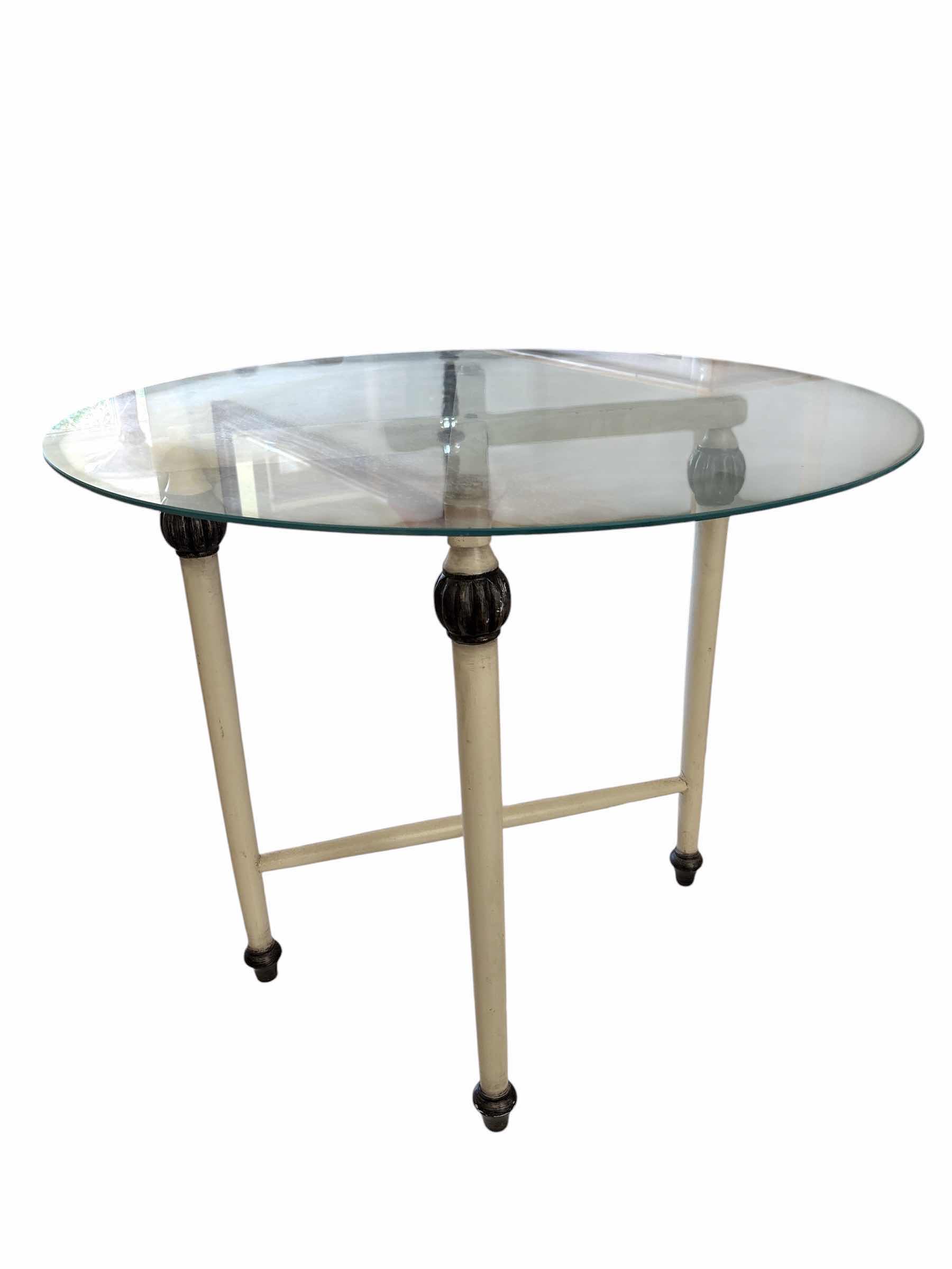 Photo 1 of VINTAGE ROUND GLASS TOP ACCENT TABLE W CREAM-PAINTED BASE H30”