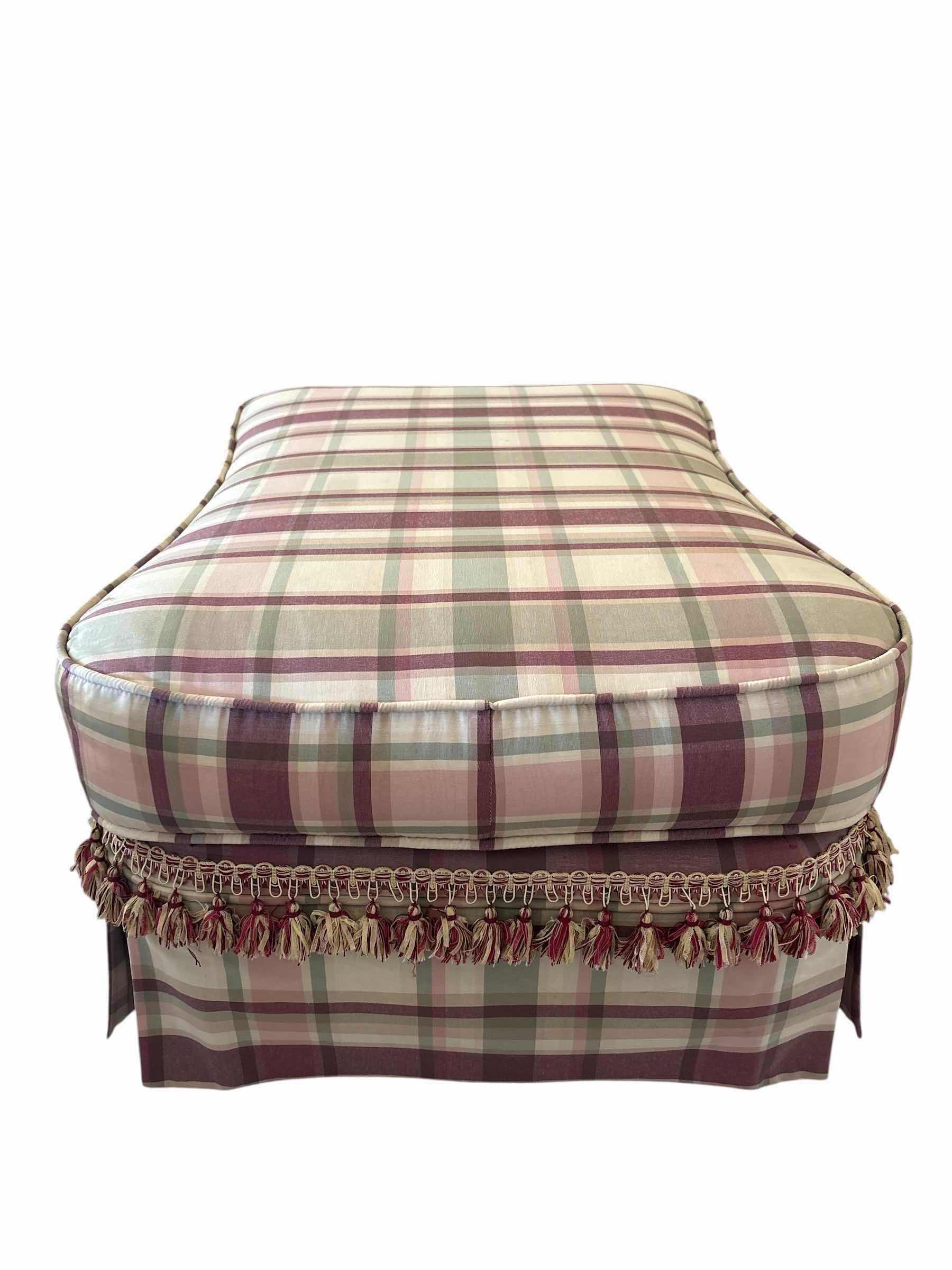 Photo 1 of VINTAGE SKIRTED OTTOMAN W PINK,GREEN, & CREAM PLAID FABRICS AND TASSELED FRINGE TRIM 32.5”X23.5”H16”